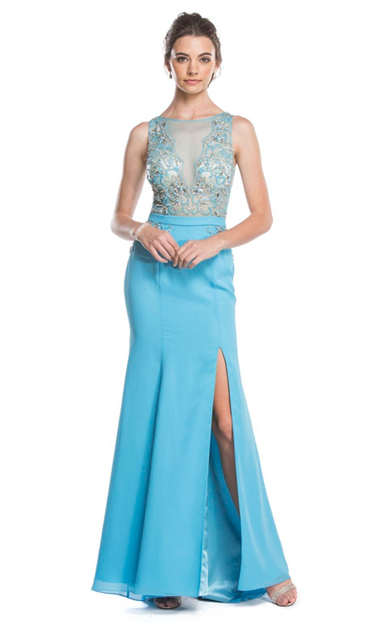 Sheer Embellished Trumpet Evening Dress Dress XXS / Turquoise