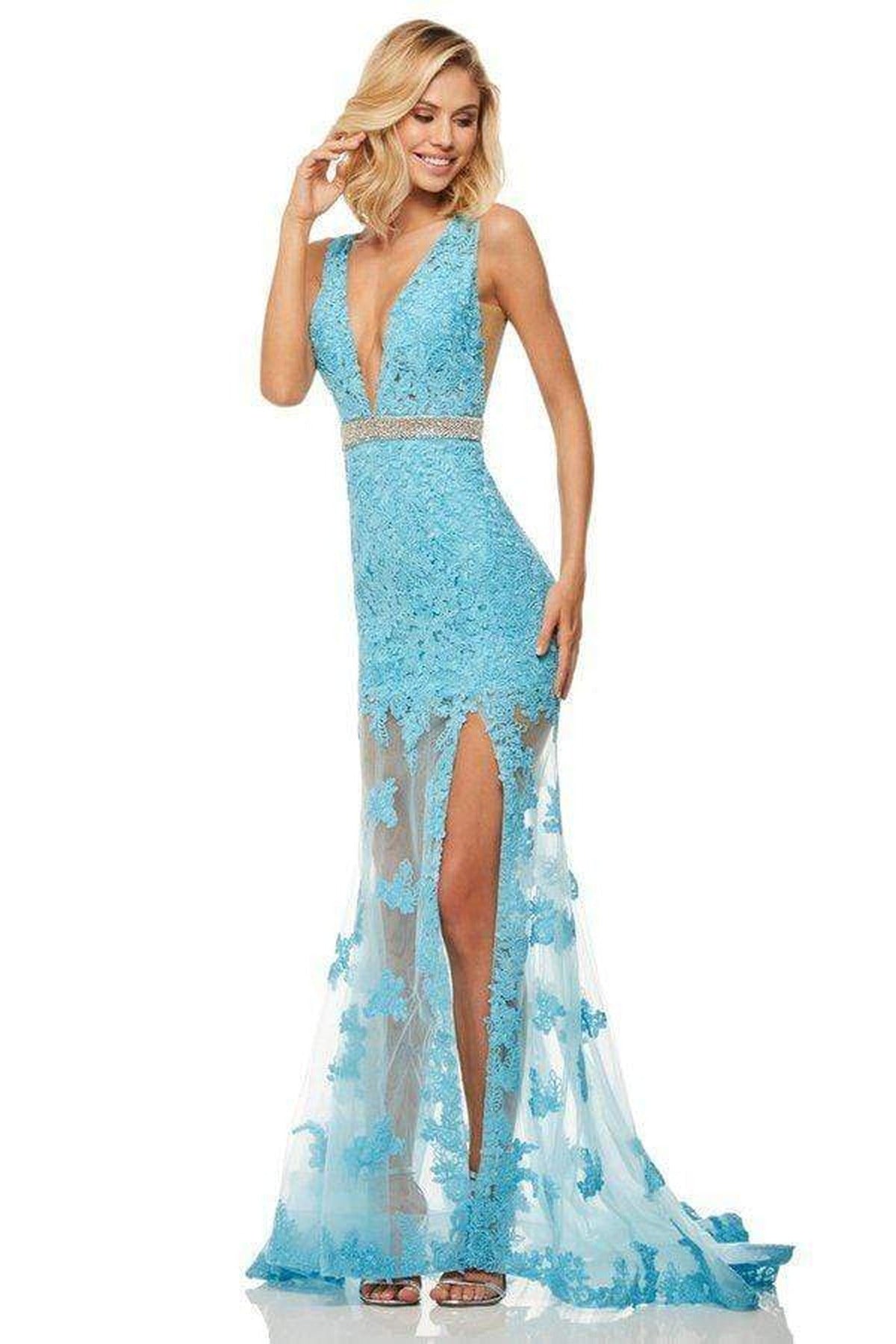Sherri Hill - 52875 Plunging V-Neck Lace Mermaid Dress - Light Blue - Main