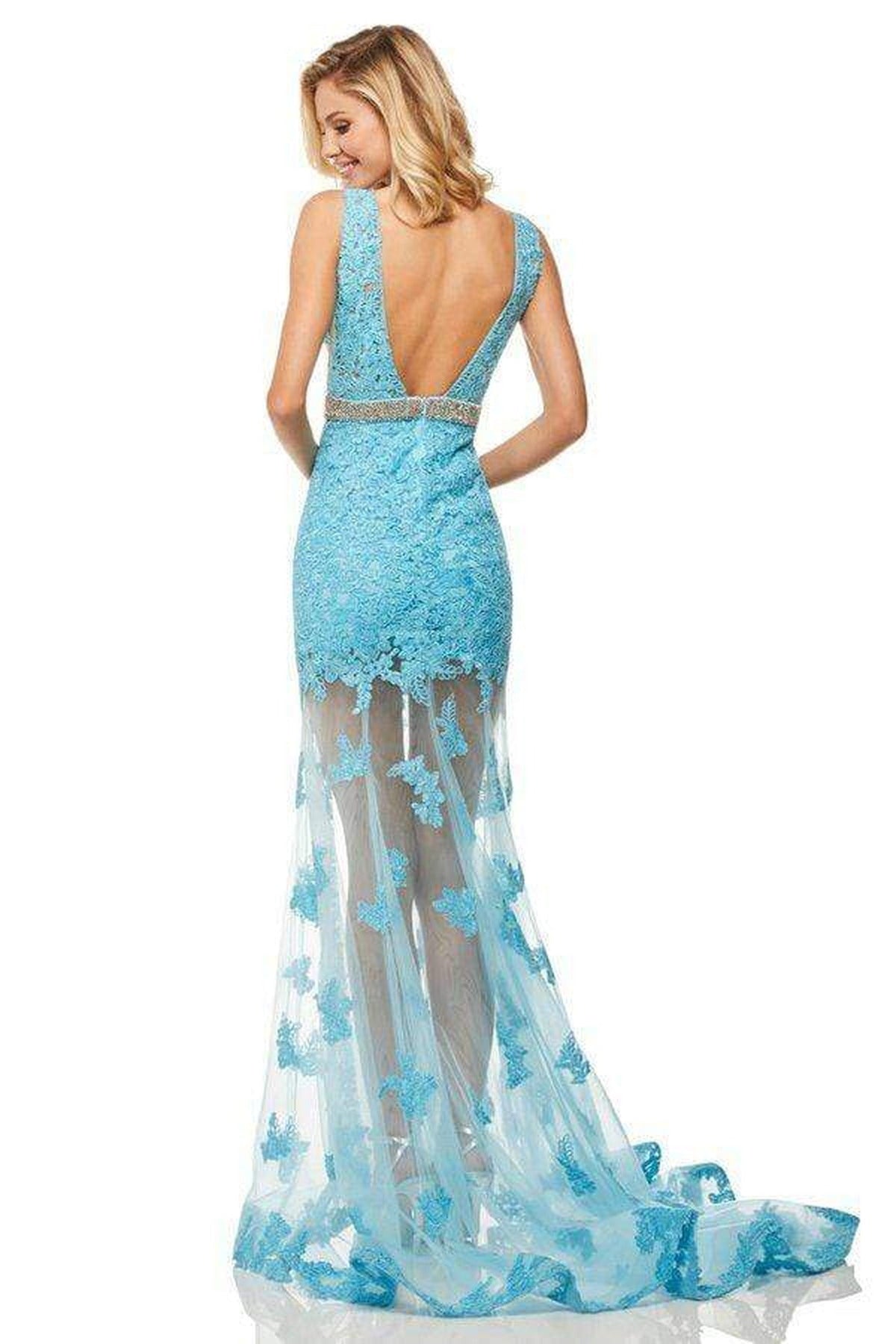 Sherri Hill - 52875 Plunging V-Neck Lace Mermaid Dress - Light Blue - Back