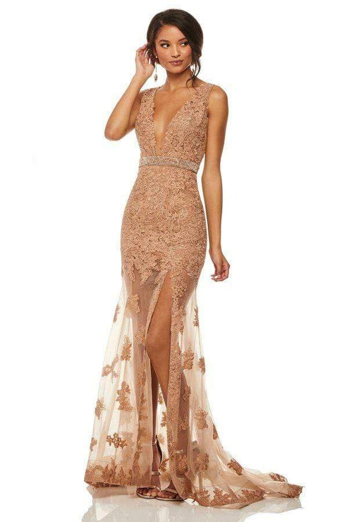 Sherri Hill - 52875 Plunging V-Neck Lace Mermaid Dress - Mocha - Main