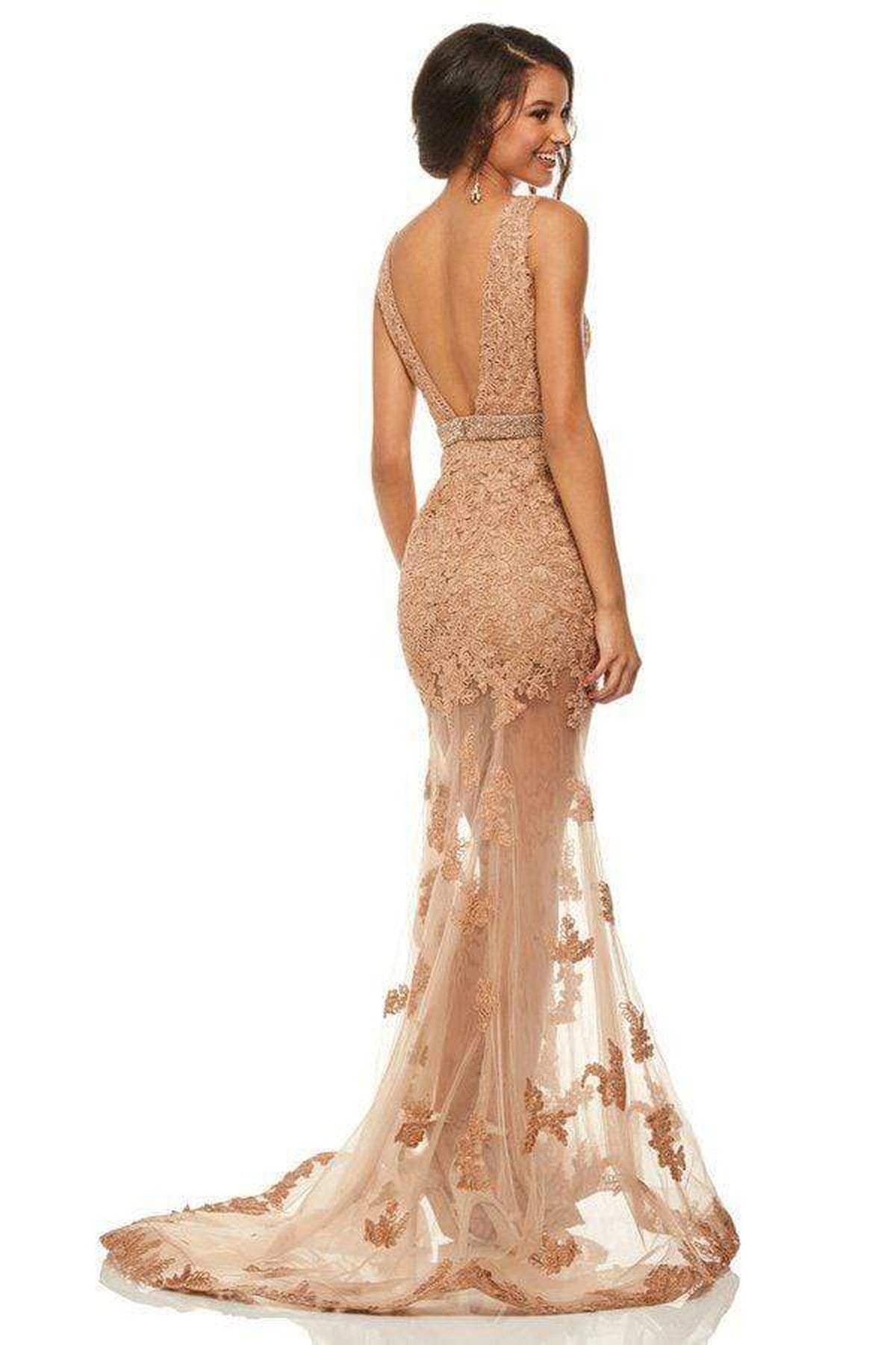 Sherri Hill - 52875 Plunging V-Neck Lace Mermaid Dress - Mocha - Back