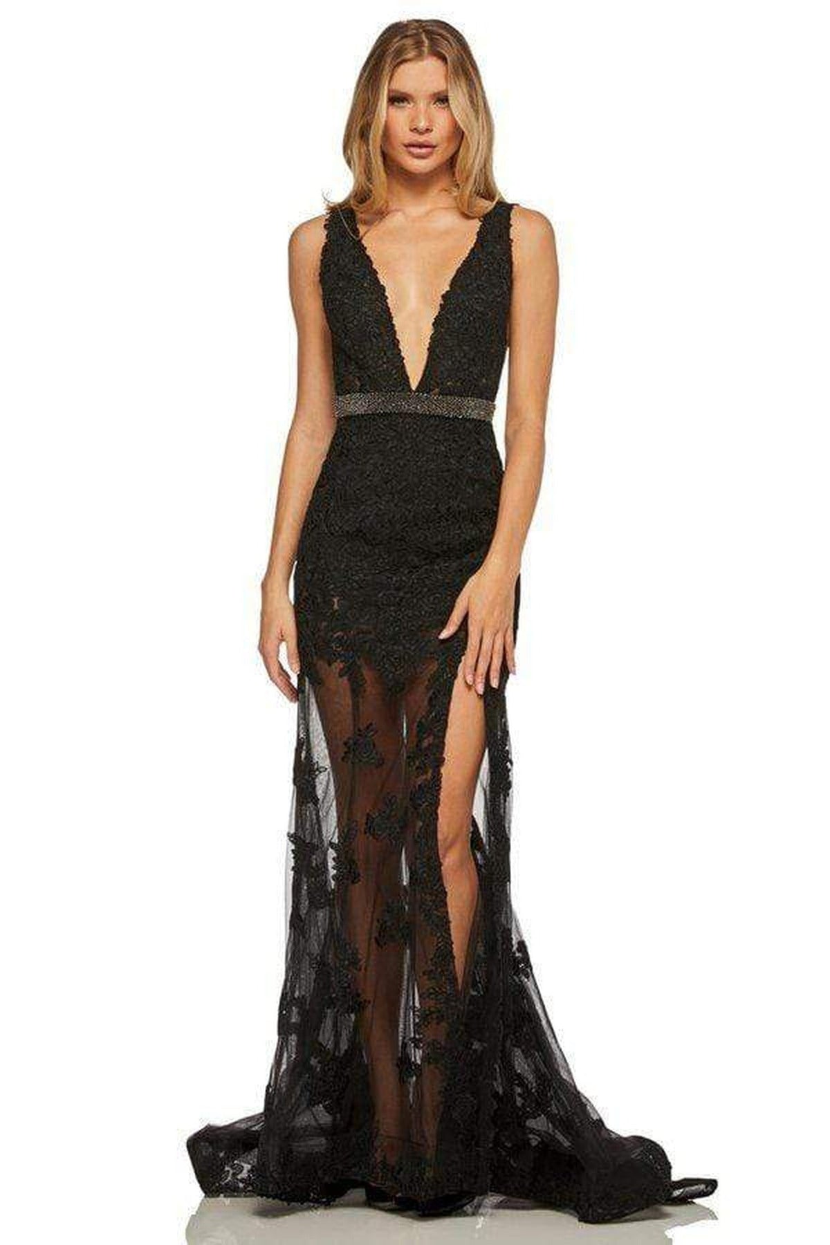 Sherri Hill - 52875 Plunging V-Neck Lace Mermaid Dress - Black - Main