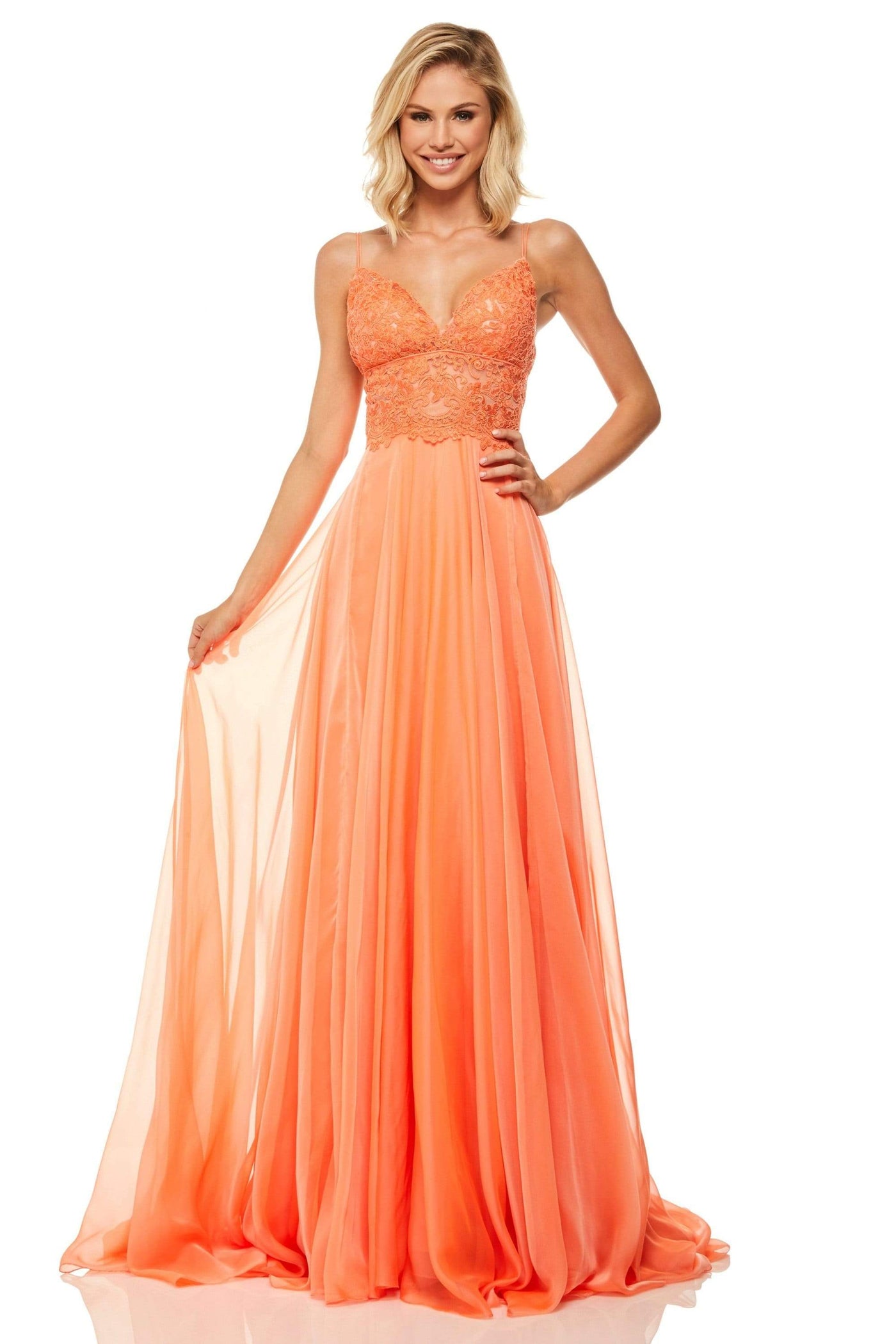 Sherri Hill - 52818 Long Appliqued Illusion Midriff Chiffon Dress Evening Dresses