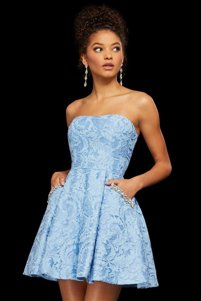 Sherri Hill - 53002 Beaded Lace Strapless Short A-line Dress Special Occasion Dress 00 / Light Blue