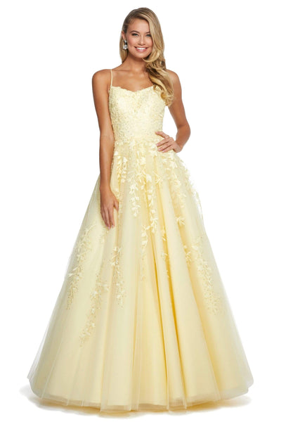Sherri Hill - 53116 Floral Lace Appliqued Lace-up Ballgown Ball Gowns 00 / Yellow