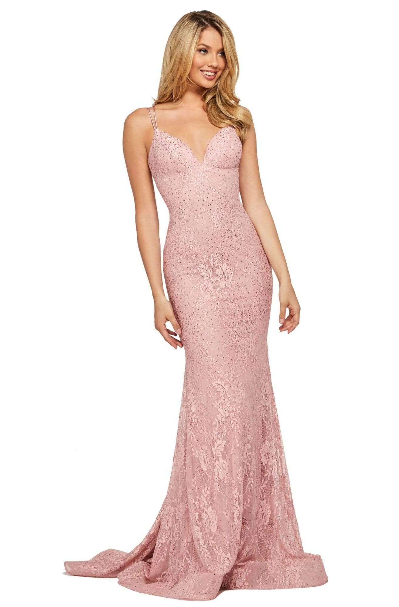 Sherri Hill - 53364 Plunging Lace Up Back Fitted Lace Dress Pageant Dresses 00 / Pink