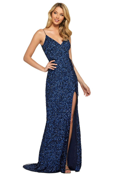 Sherri Hill - 53449 Long Deep V-Neck Beaded High Slit Dress Prom Dresses