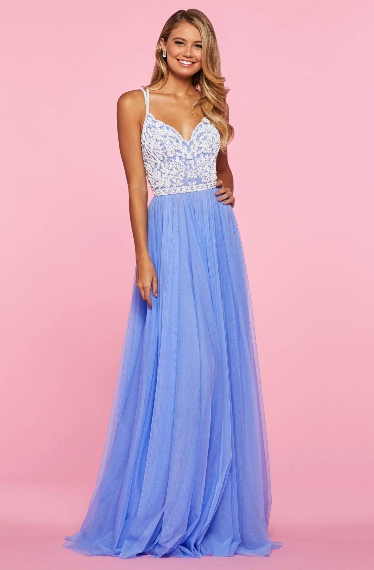 Sherri Hill - 53556 Beaded Bodice Chiffon A-Line Dress Prom Dresses 00 / Periwinkle/Ivory