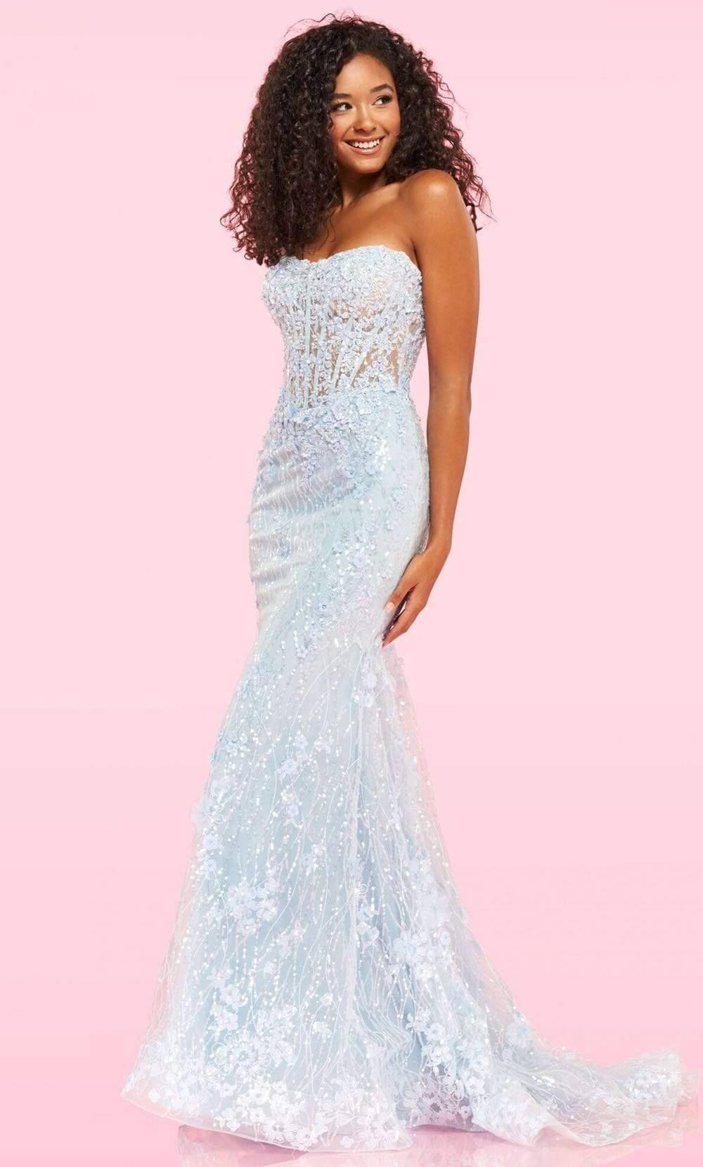 Sherri Hill - 54278 Applique Sweetheart Trumpet Gown With Train Prom Dresses 00 / Light Blue