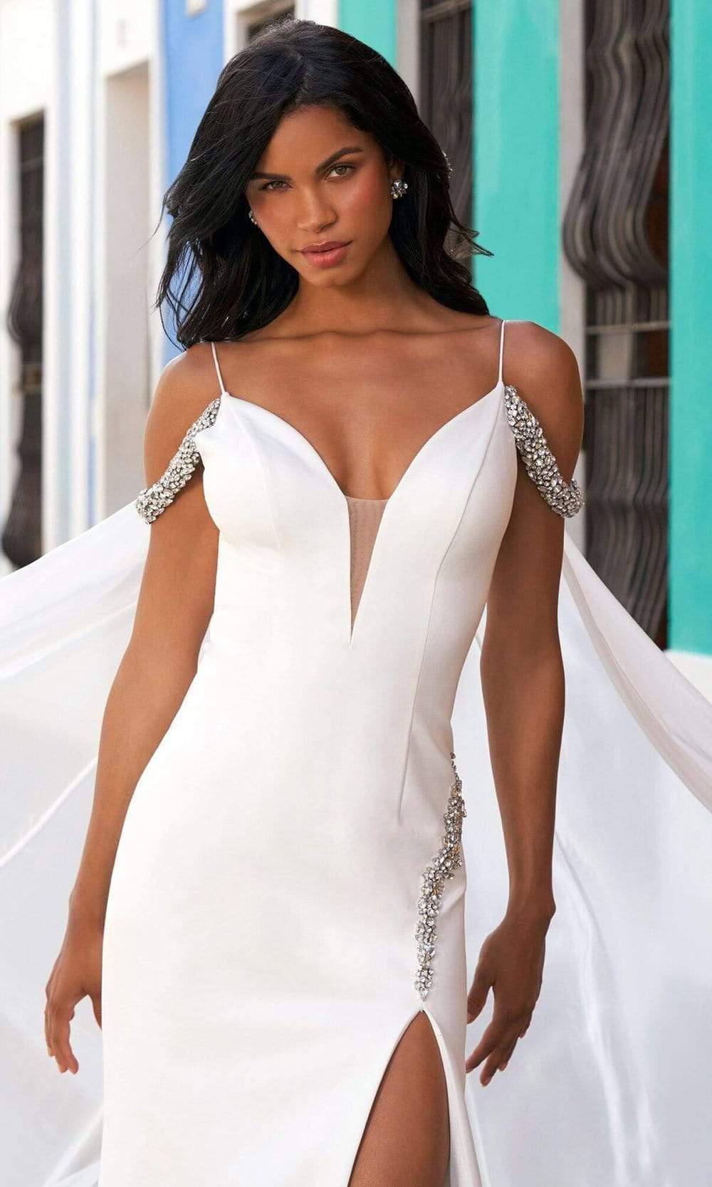 Sherri Hill - 54420 Crystal Beaded Crepe Dress With Cape Evening Dresses