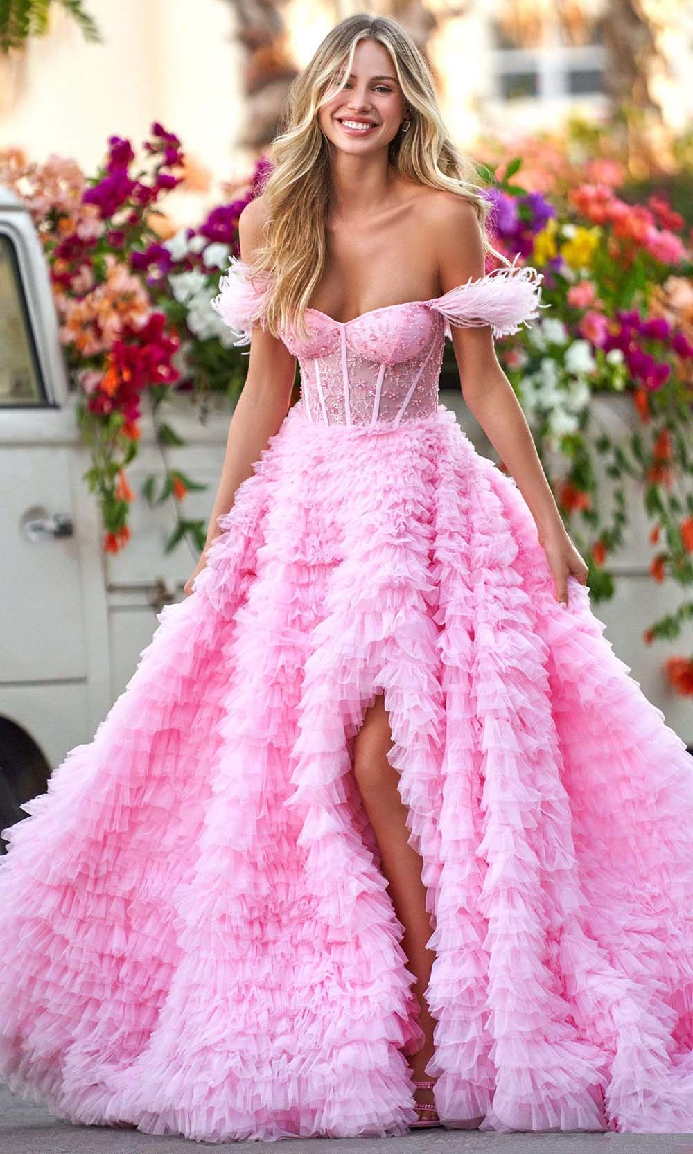 Sherri Hill - 54906 Off Shoulder Tiered Ballgown Prom Dresses 00 / Pink