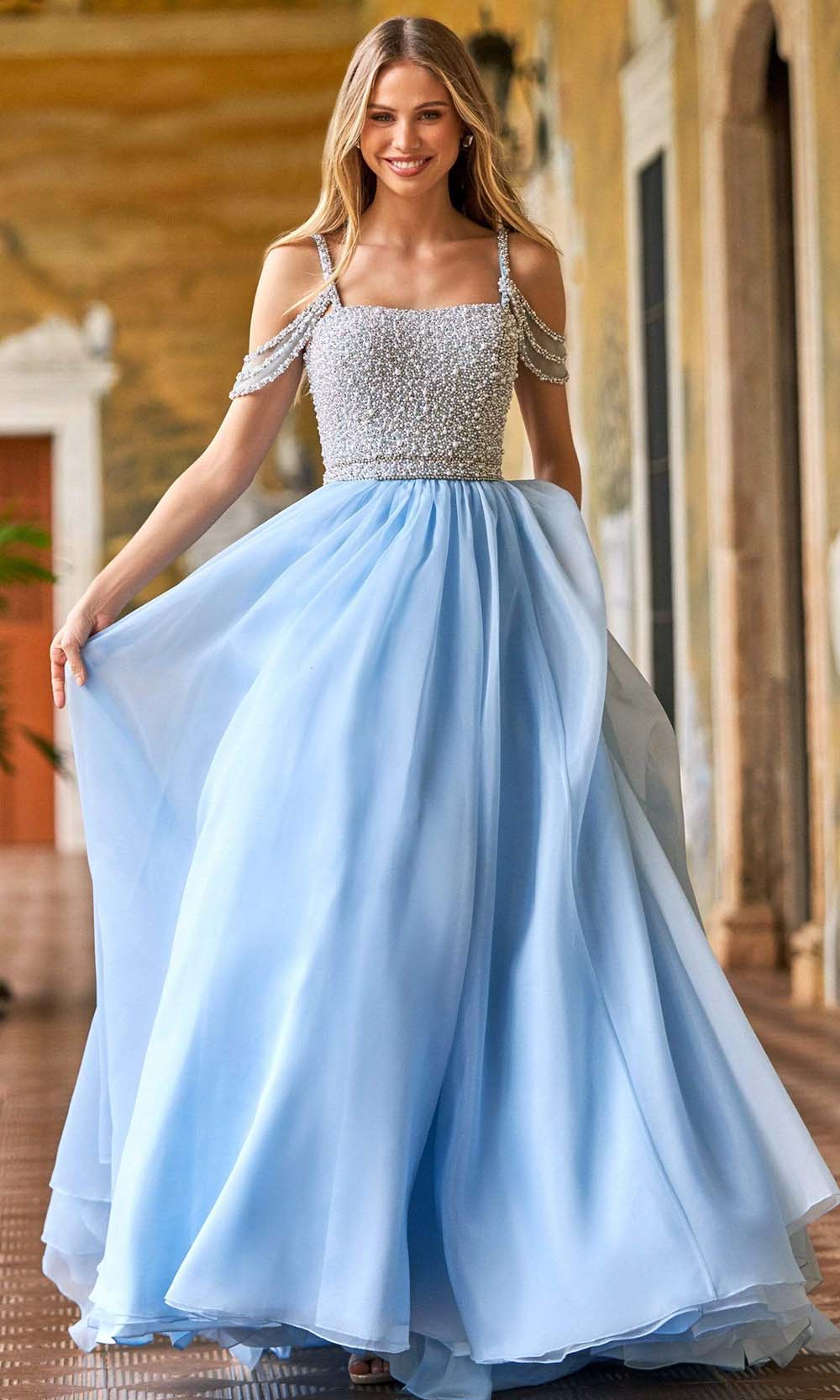 Sherri Hill - 54976 Draped Off Shoulder Ballgown Prom Dresses 00 / Light Blue