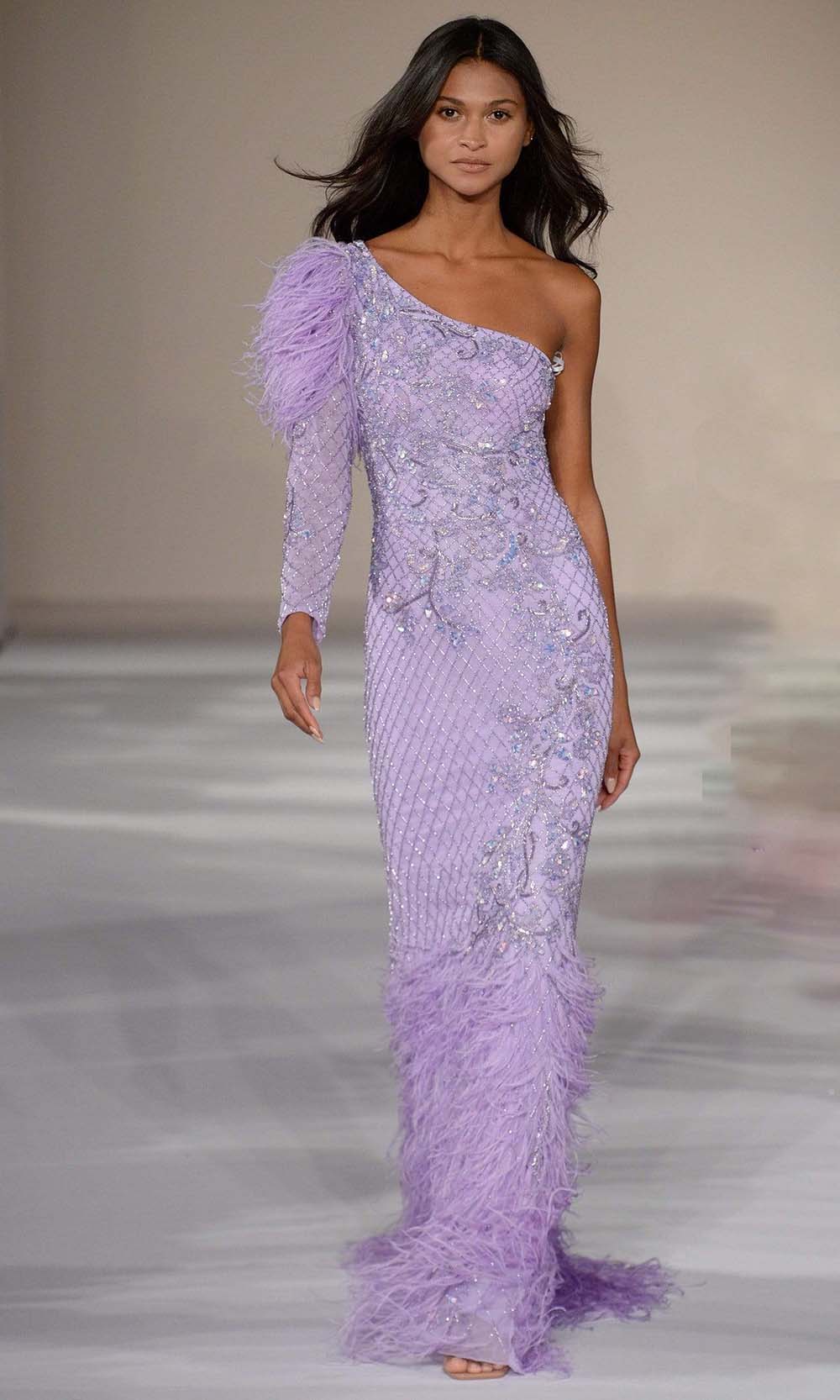 Sherri Hill 54982 - Long Trumpet Dress - Asymmetric, One Shoulder Long Sleeve, Feathers Fringes, Beaded, Sweep Train ADASA Sherri Hill 54982 - Long Trumpet Dress - Asymmetric, One Shoulder Long Sleeve, Feathers Fringes, Beaded, Sweep Train ADASA