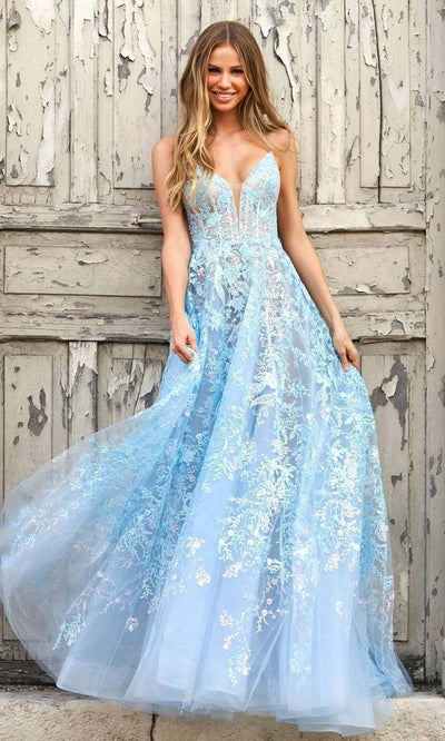 Sherri Hill - 55009 Embroidered Organza Flowy A-line Gown Prom Dresses 00 / Light Blue