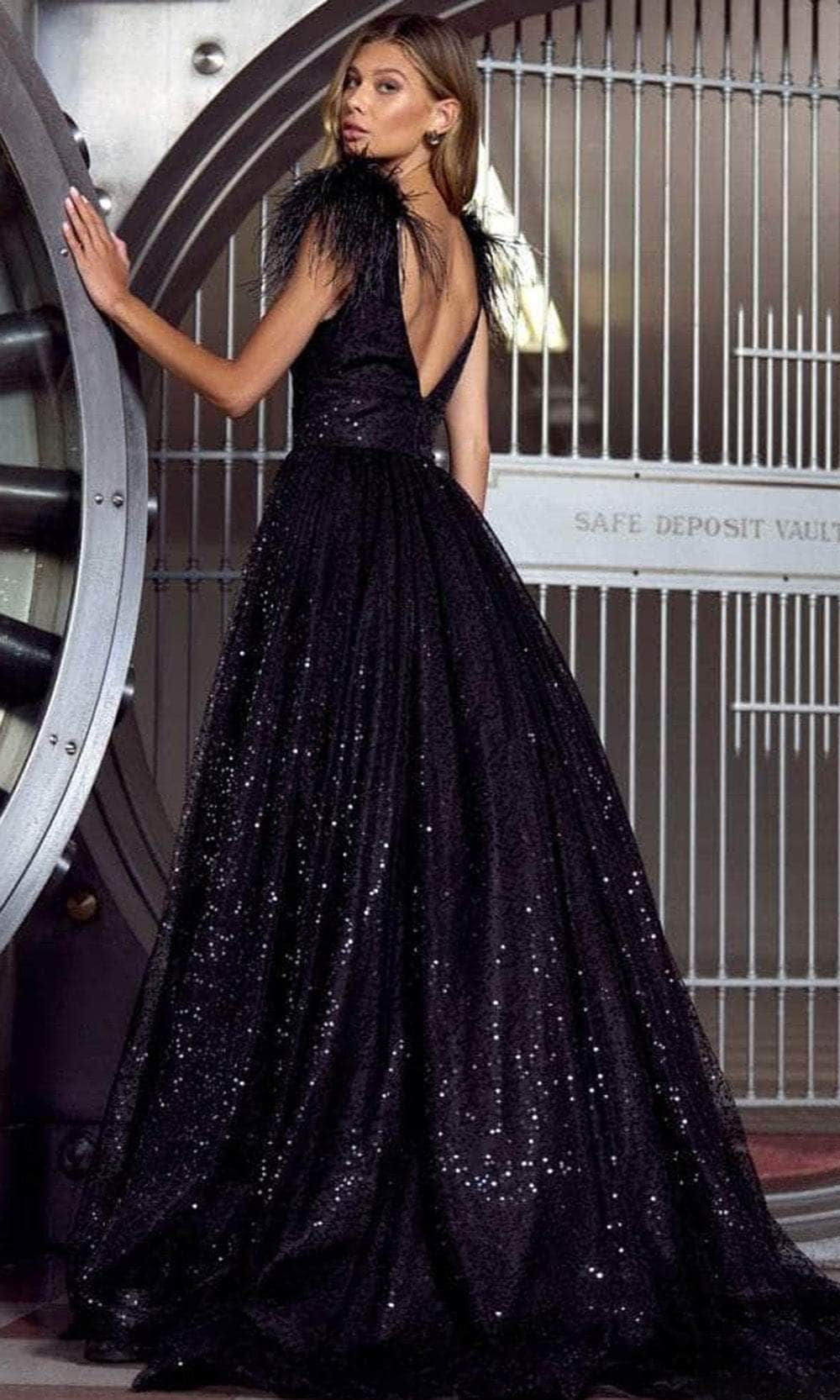 Sherri Hill 55249 - Long A-line Dress - Feather details, Beads, Zipper, Slit ADASA Sherri Hill 55249 - Long A-line Dress - Feather details, Beads, Zipper, Slit ADASA