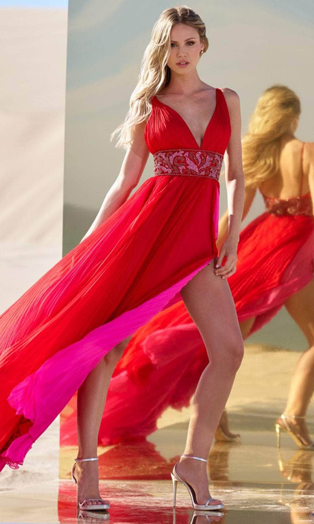 Sherri Hill Pleated Chiffon Gown 56700 orange/bright pink / 0 Sherri Hill Pleated Chiffon Gown 56700 orange/bright pink / 0