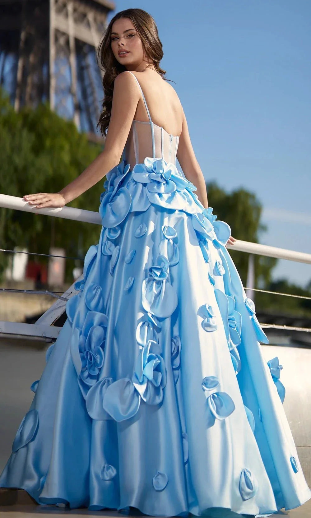Sherri Hill 56763 - Long Mikado Ballgown - Sheer Corset Bodice, Spaghetti Straps, 3D Floral Applique 0 / Ivory Sherri Hill 56763 - Long Mikado Ballgown - Sheer Corset Bodice, Spaghetti Straps, 3D Floral Applique 0 / Ivory
