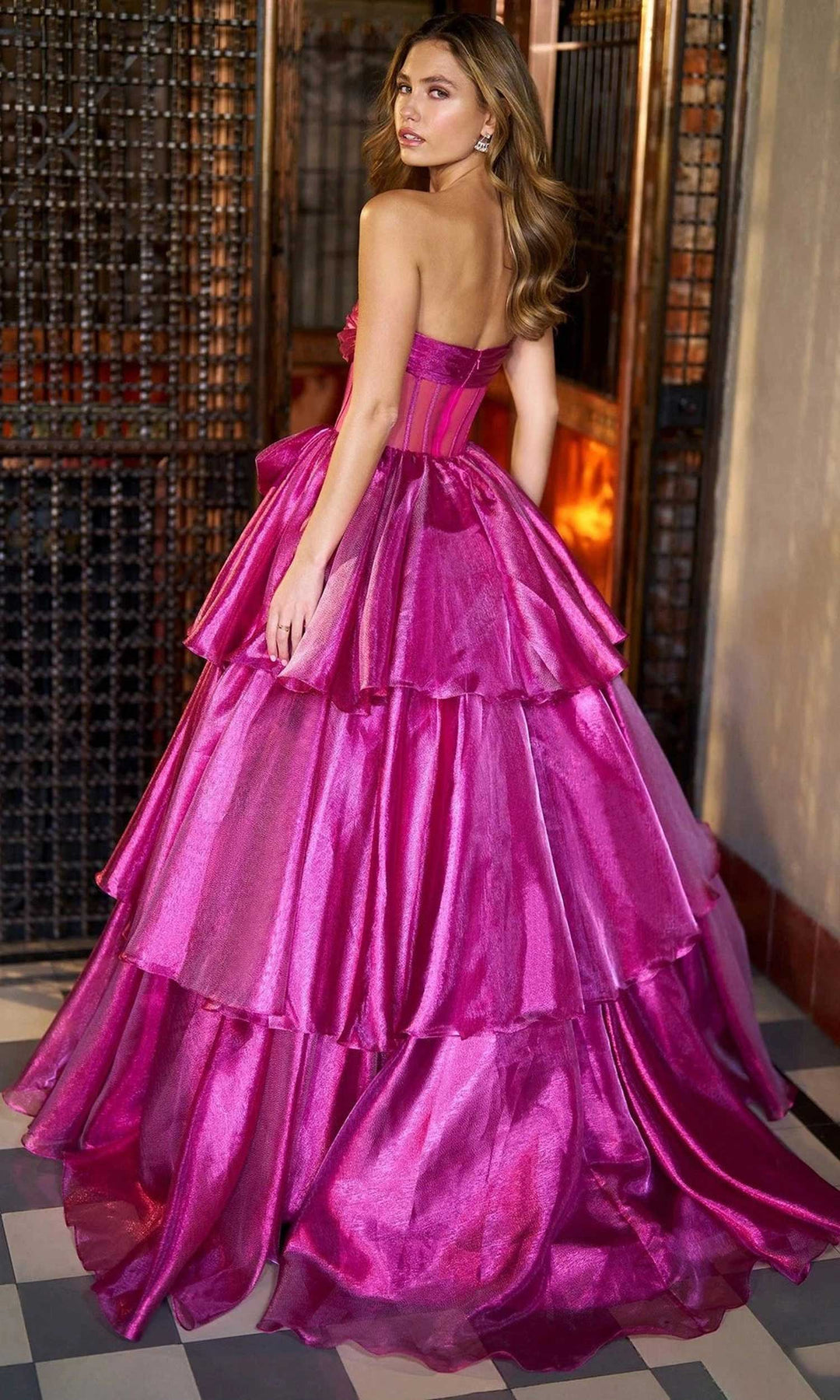 Sherri Hill 56767 - Tiered Lame Gown with Statement Bow