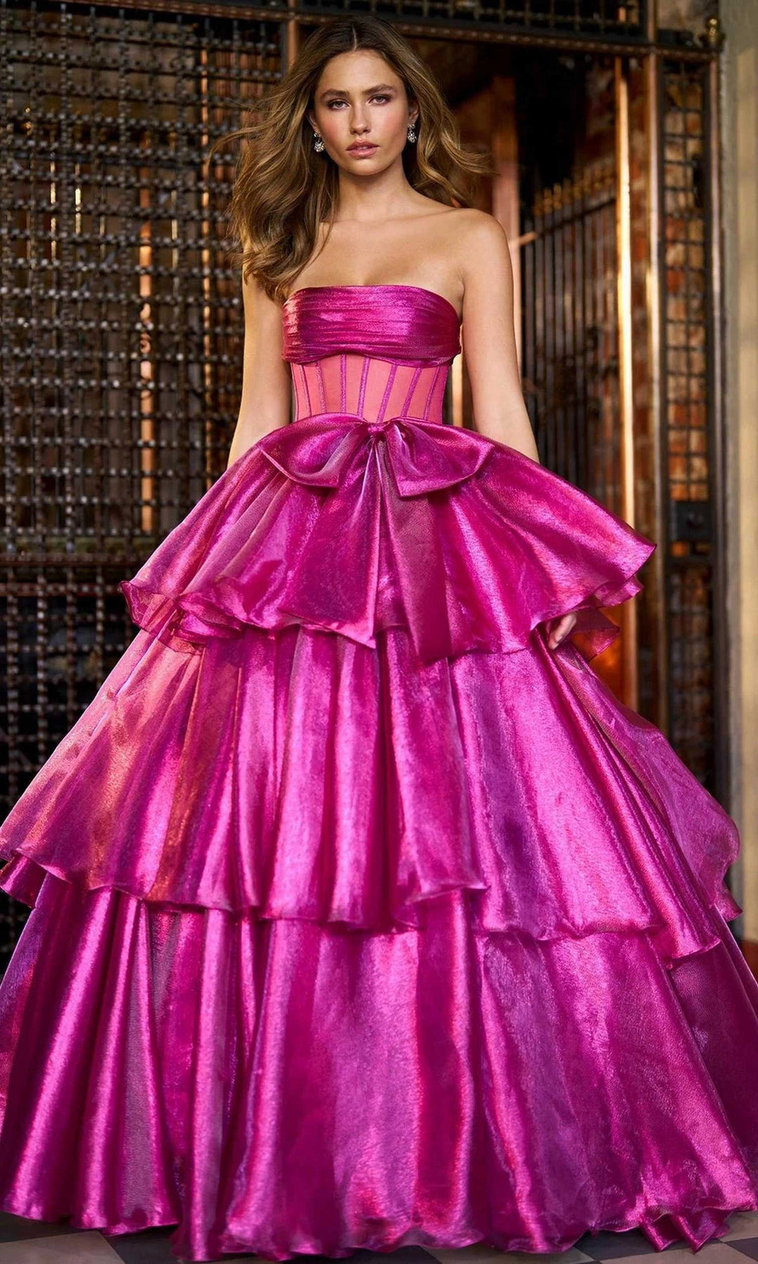 Sherri Hill 56767 - Tiered Lame Gown with Statement Bow