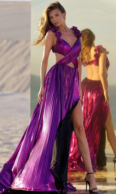Sherri Hill 56827 - Elegant V-Neck Pleated Gown with Appliques Prom Dresses