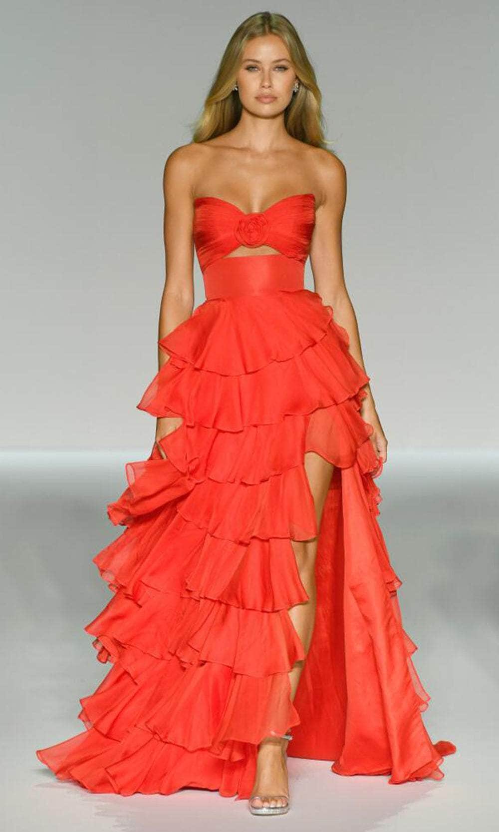 Sherri Hill 56870 - Strapless Chiffon Gown with Rosette Detail Prom Dresses