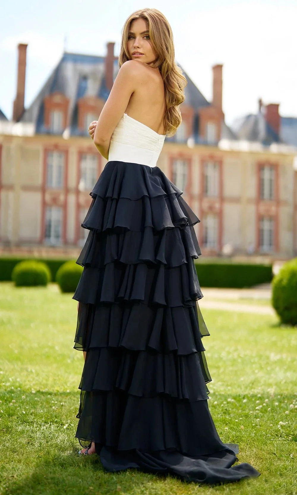 Sherri Hill 56870 - Strapless Chiffon Gown with Rosette Detail Prom Dresses