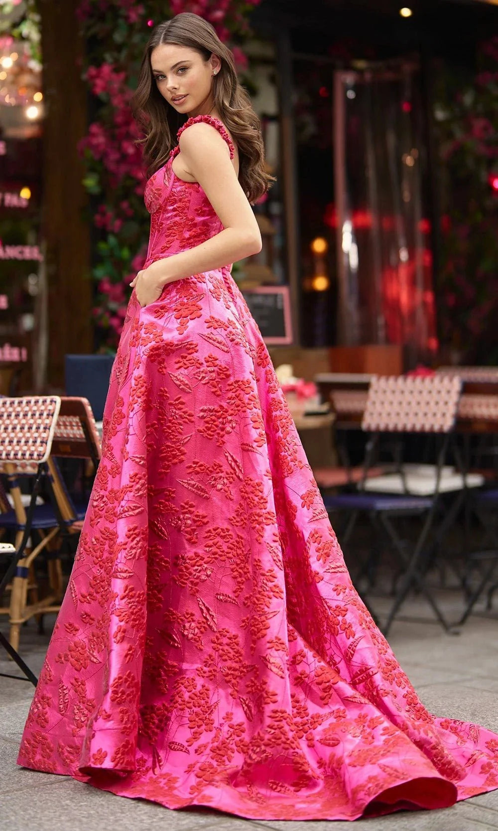 Sherri Hill 56972 - Long Brocade A-line Dress - Floral Bodice, 3D Appliqued Straps, Corset Bodice, High Slit ADASA Sherri Hill 56972 - Long Brocade A-line Dress - Floral Bodice, 3D Appliqued Straps, Corset Bodice, High Slit ADASA