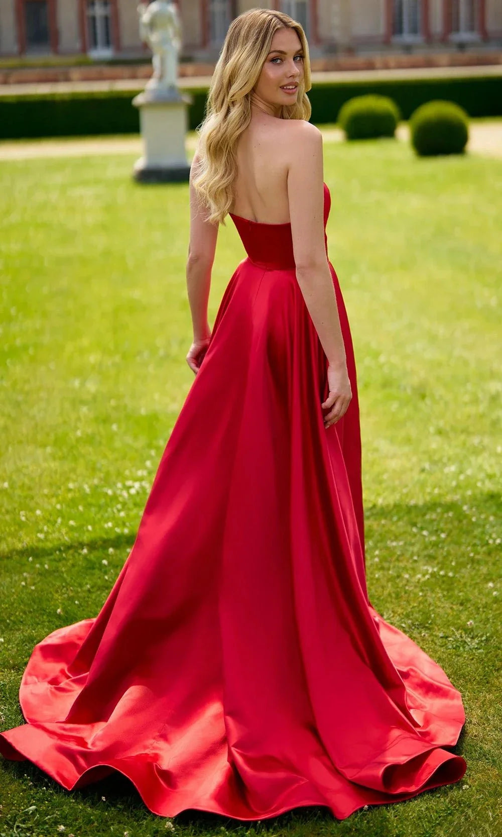 Sherri Hill 57006 - Long Satin A-Line Dress - Strapless Design, High Slit, Sheer Sides, Open Back 6 / Red Sherri Hill 57006 - Long Satin A-Line Dress - Strapless Design, High Slit, Sheer Sides, Open Back 6 / Red