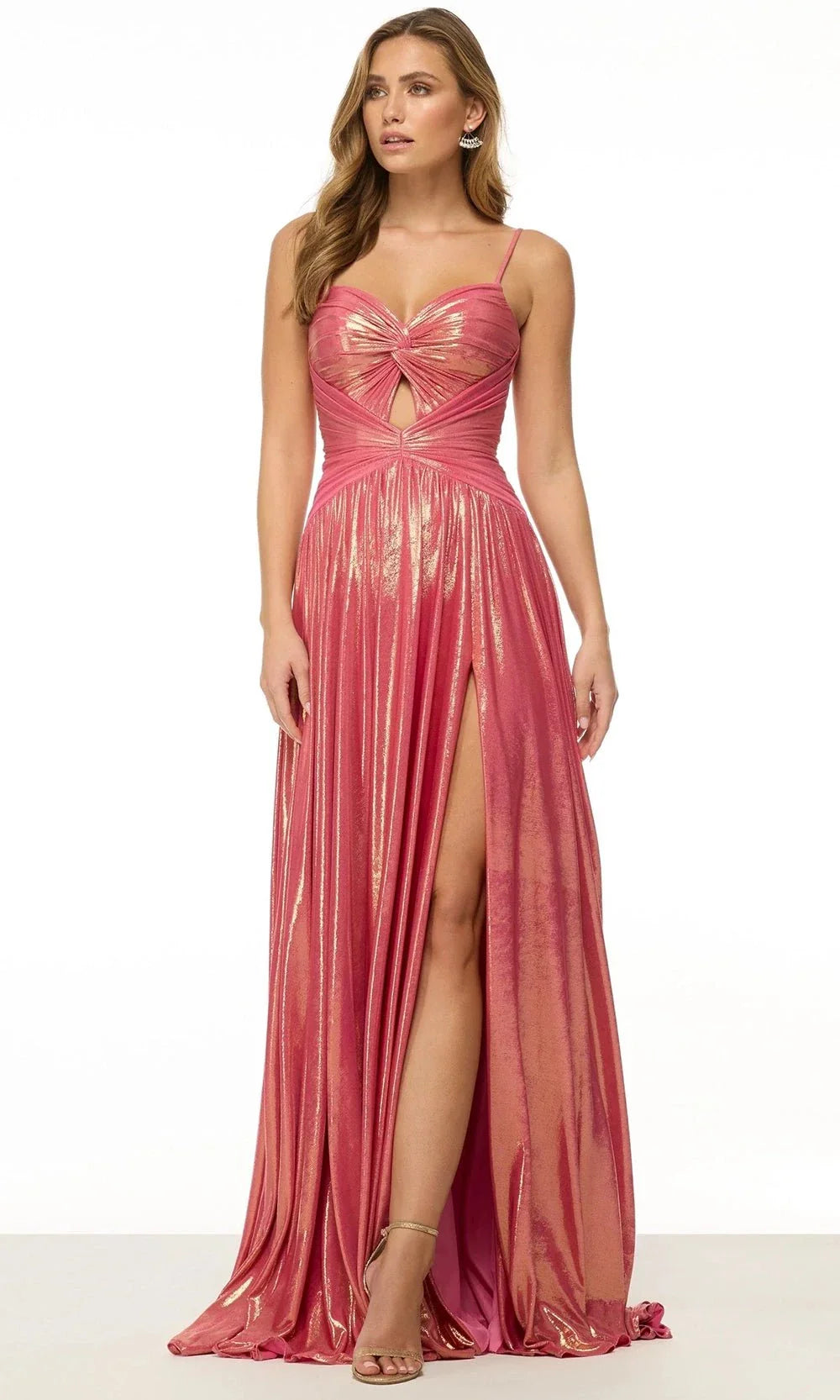 hot pink metallic dress Deep V-Neck Long Metallic Prom Dress with Sheer Sides Teal / 4