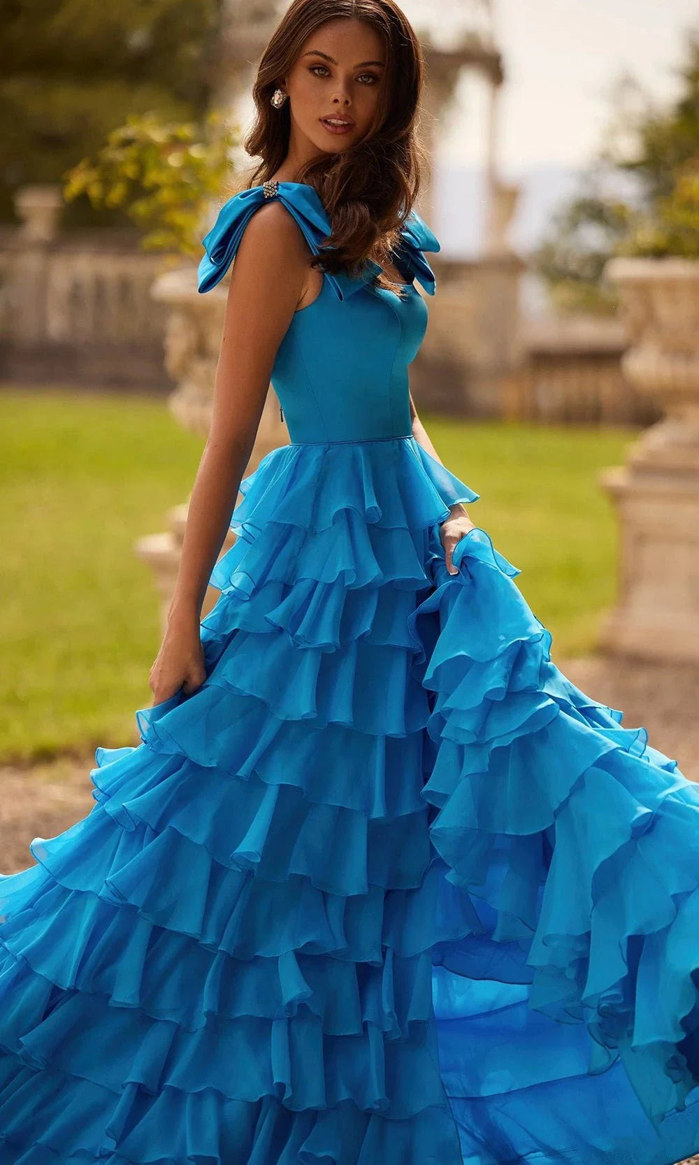 Sherri Hill 57215 - Long Satin, Chiffon A-Line Dress - Bow Shoulder Straps, Tiered Ruffle Skirt, High Slit, Open Scoop Back ADASA Sherri Hill 57215 - Long Satin, Chiffon A-Line Dress - Bow Shoulder Straps, Tiered Ruffle Skirt, High Slit, Open Scoop Back ADASA