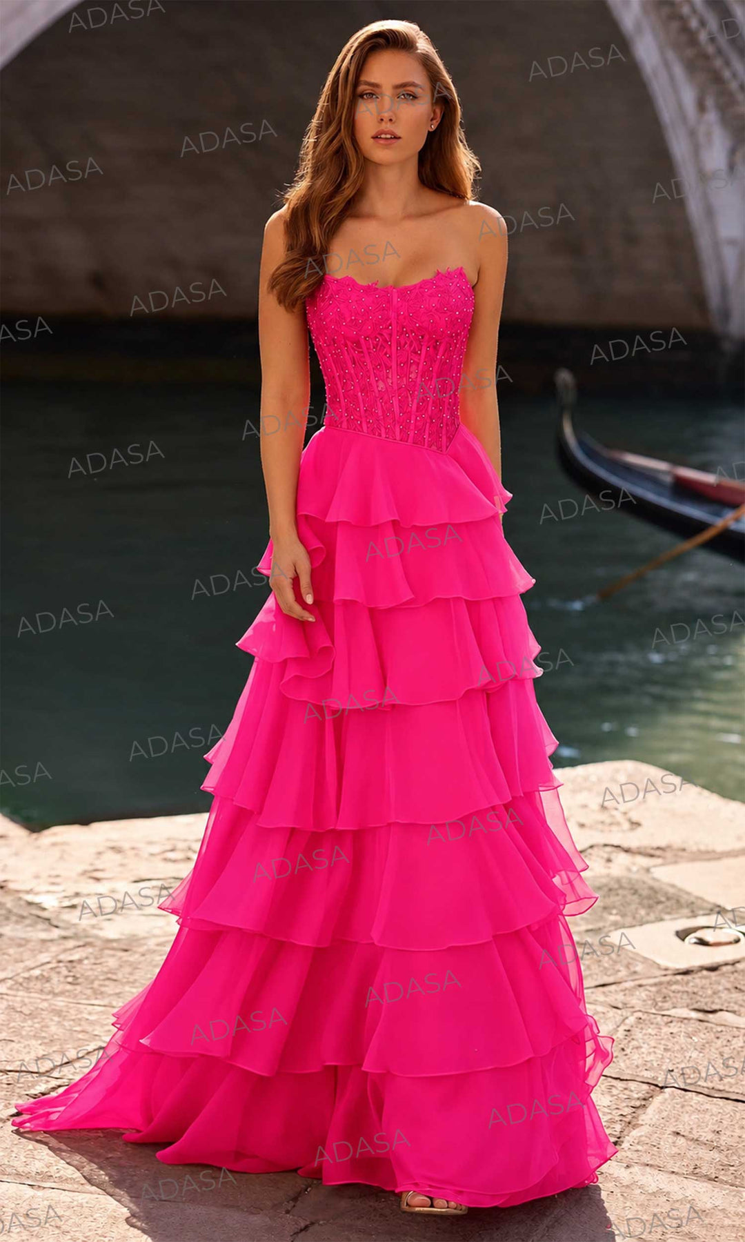 Sherri Hill 57336 - Strapless Tiered Gown with Slit