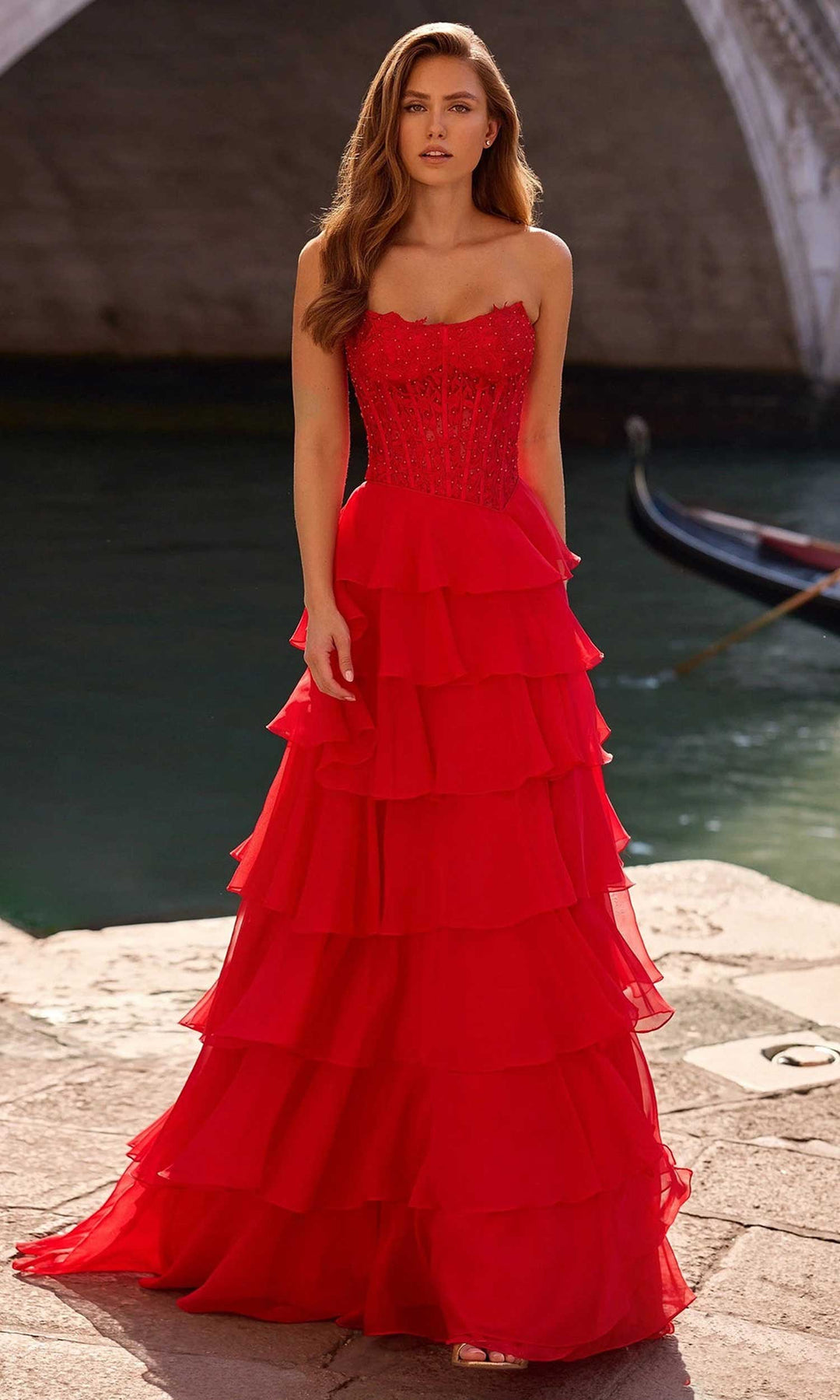 Sherri Hill 57336 - Strapless Tiered Gown with Slit