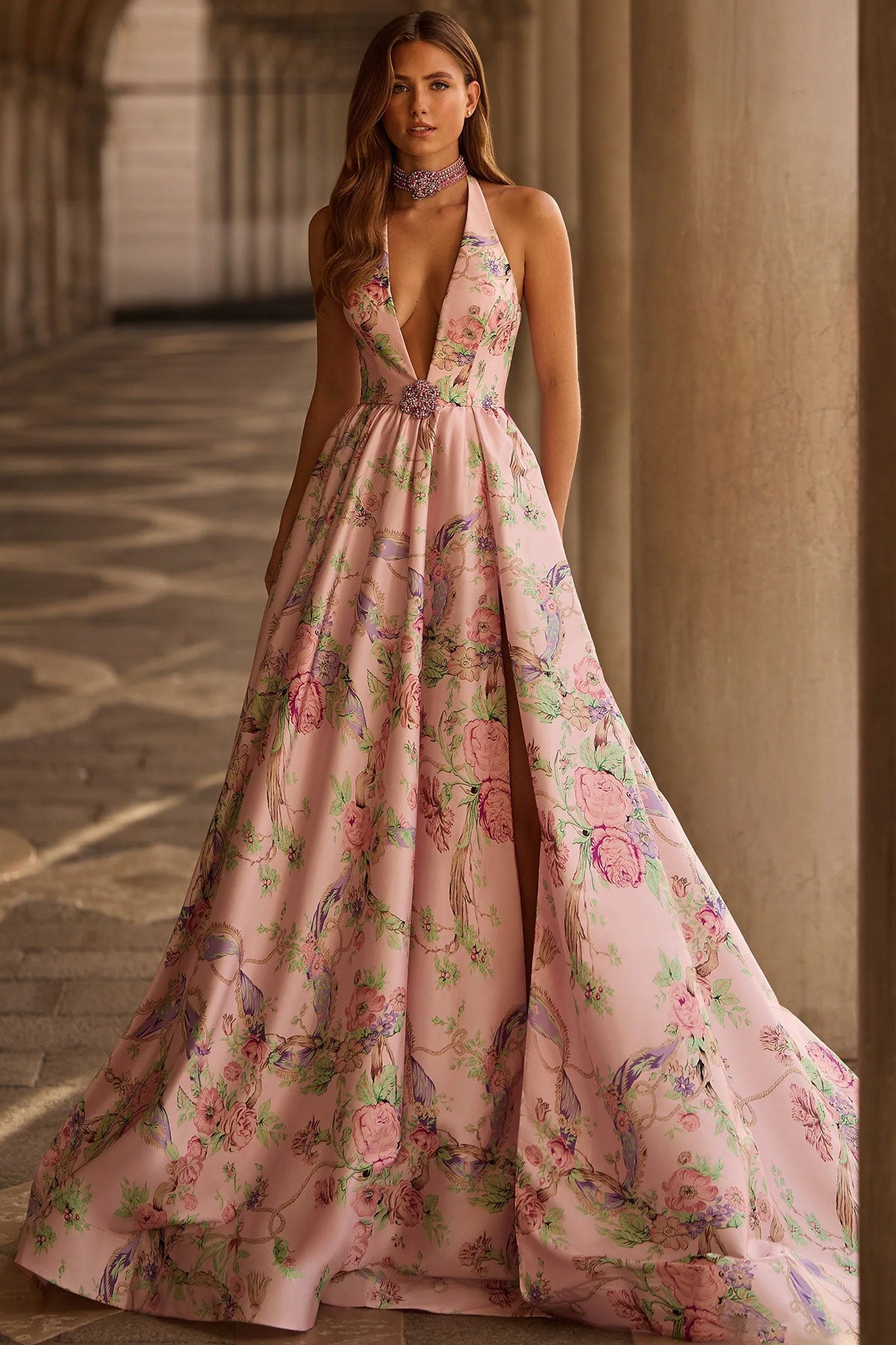 Sherri Hill 57600 - Floral Bodice Halter Neckline Evening Gown