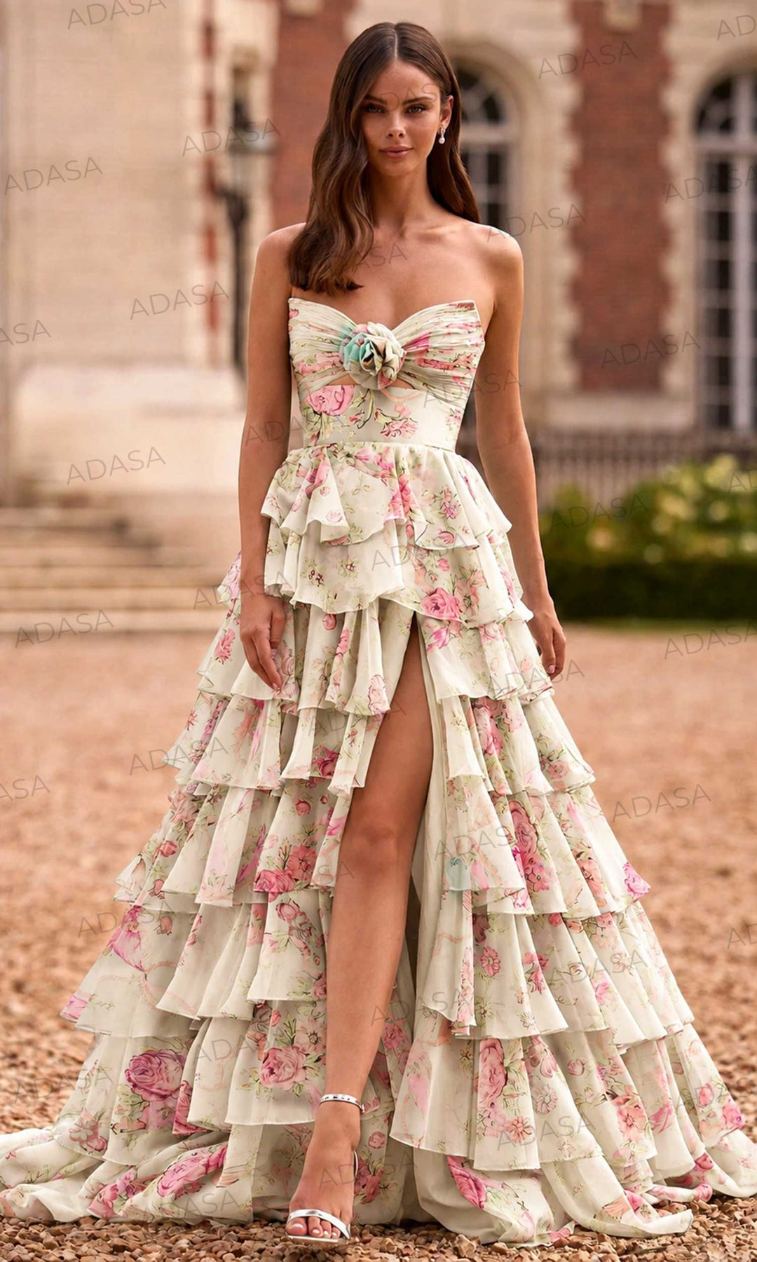 Sherri Hill 57775 - Tiered Floral Print Gown with Slit