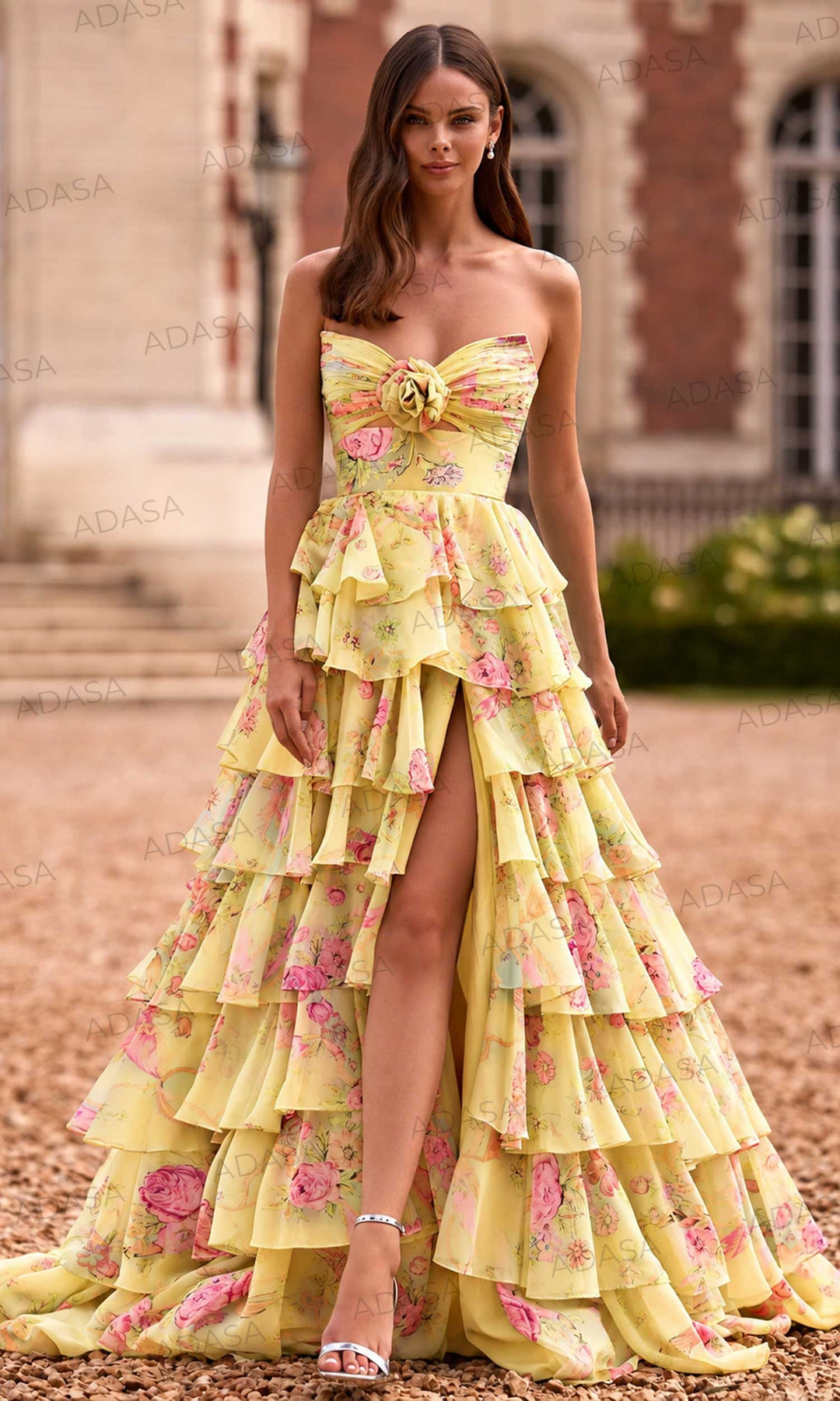 Sherri Hill 57775 - Tiered Floral Print Gown with Slit