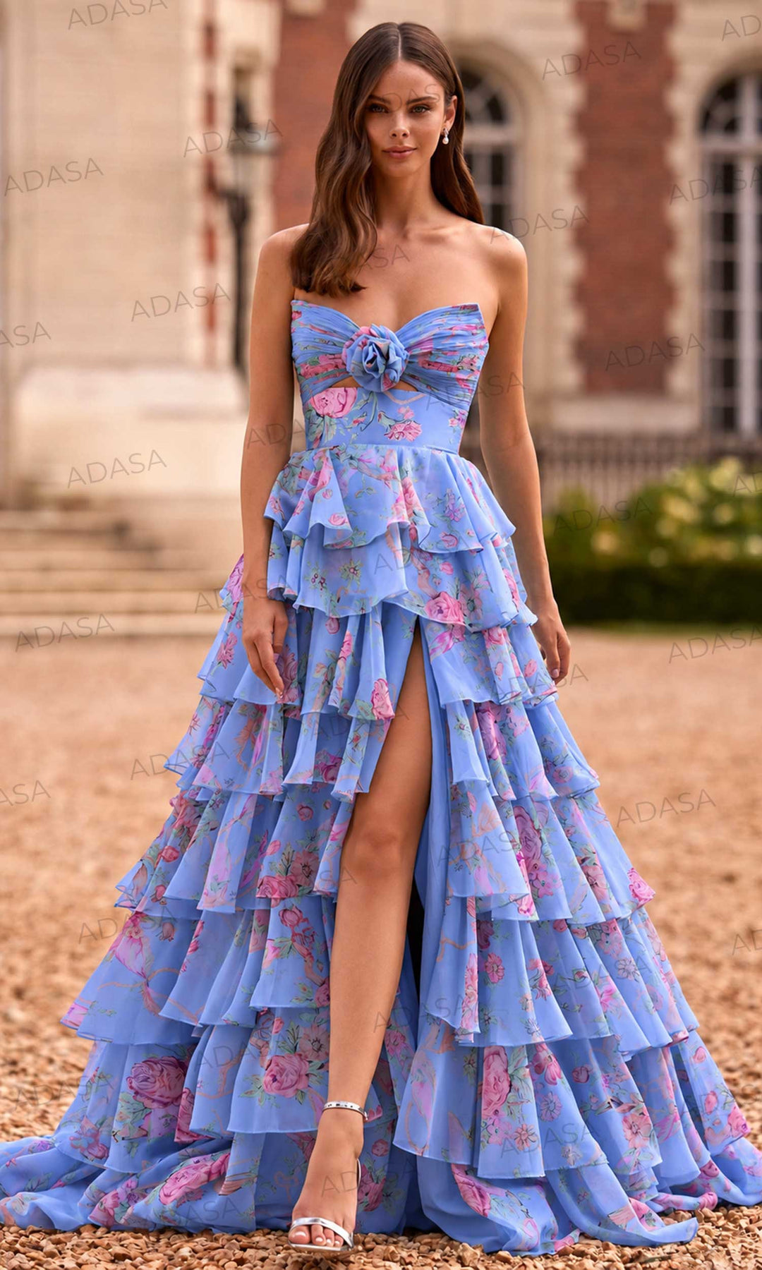 Sherri Hill 57775 - Tiered Floral Print Gown with Slit