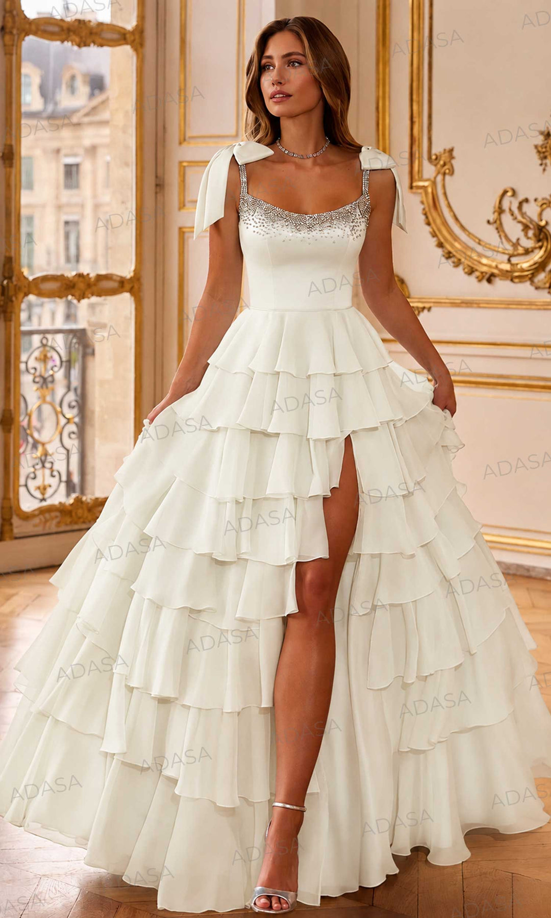 Sherri Hill 58041 - Beaded Neckline Ruffle High Slit Gown
