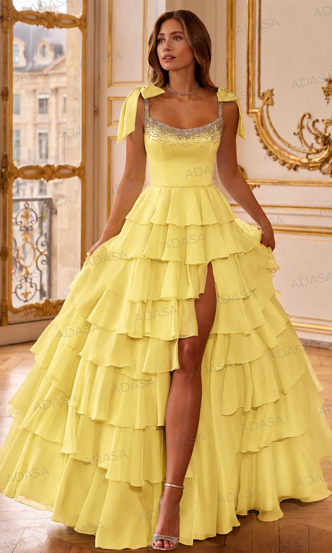 Sherri Hill 58041 - Beaded Neckline Ruffle High Slit Gown