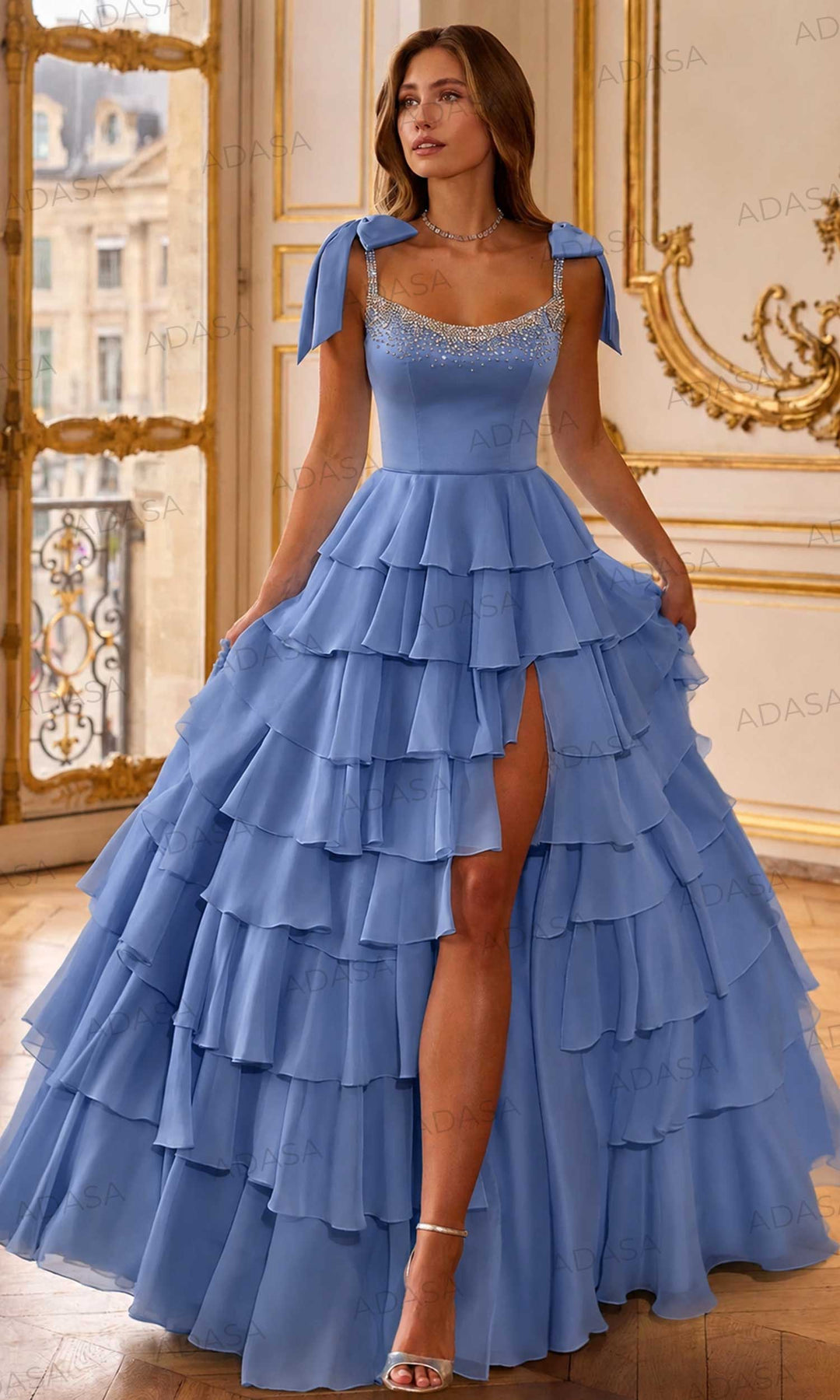 Sherri Hill 58041 - Beaded Neckline Ruffle High Slit Gown