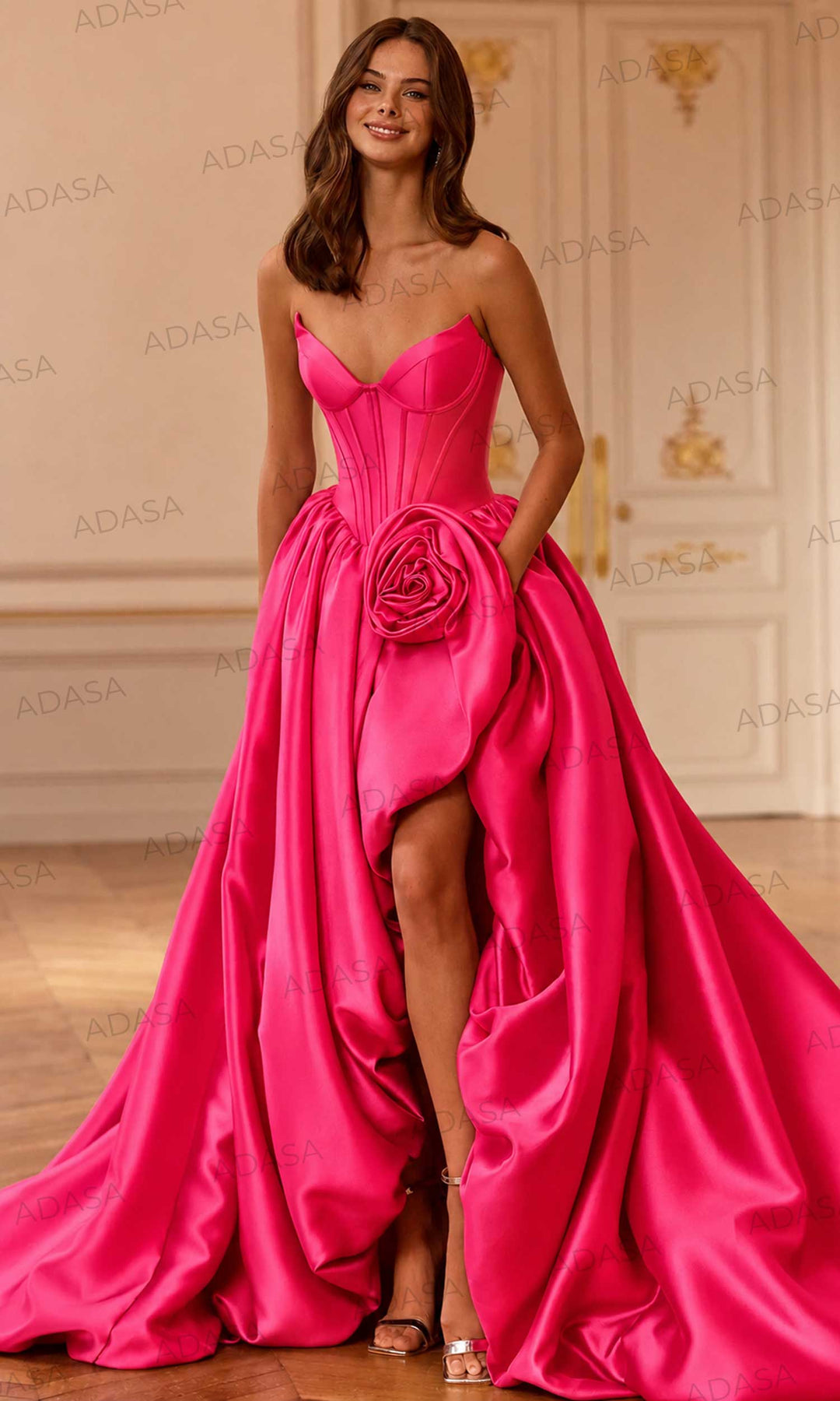 Sherri Hill 58090 - Deep V-Neck Bubble Gown with Slit