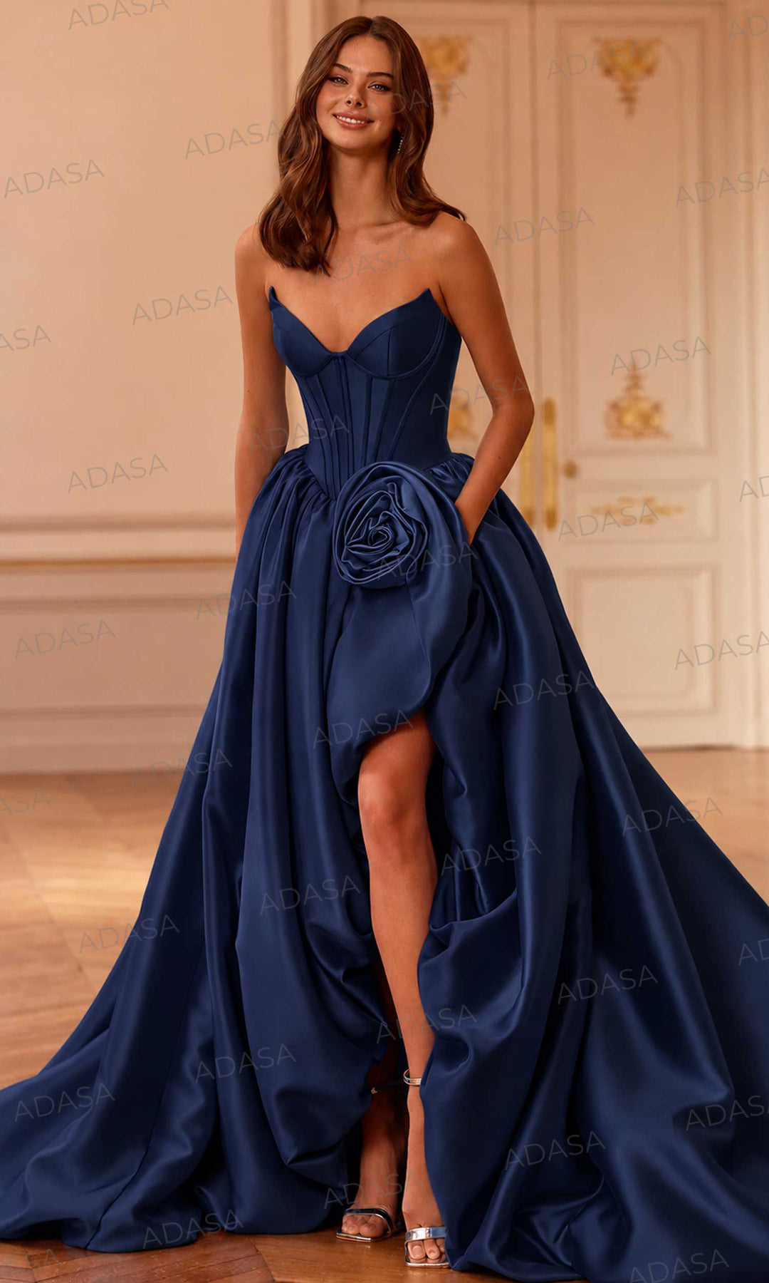 Sherri Hill 58090 - Deep V-Neck Bubble Gown with Slit