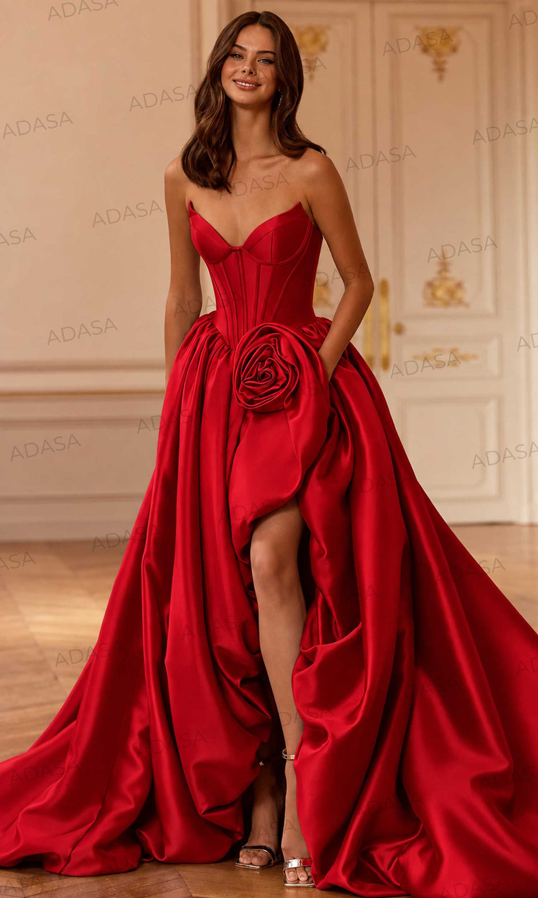 Sherri Hill 58090 - Deep V-Neck Bubble Gown with Slit