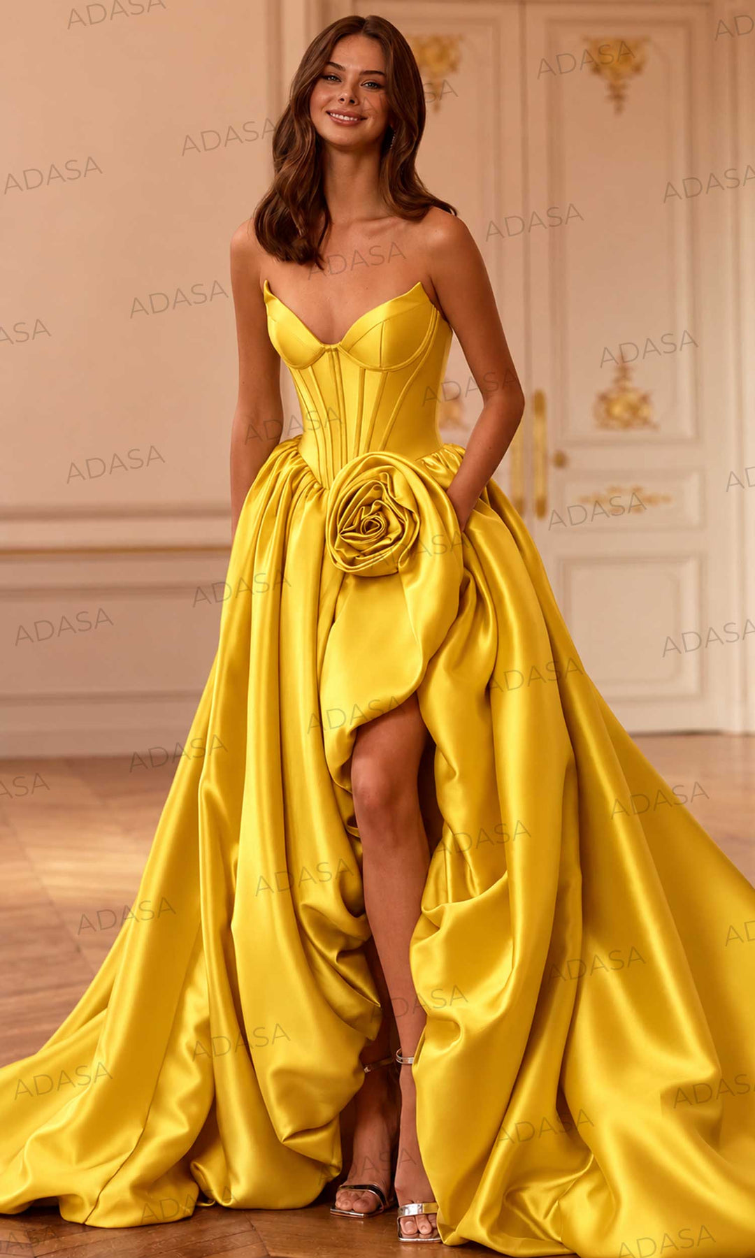 Sherri Hill 58090 - Deep V-Neck Bubble Gown with Slit