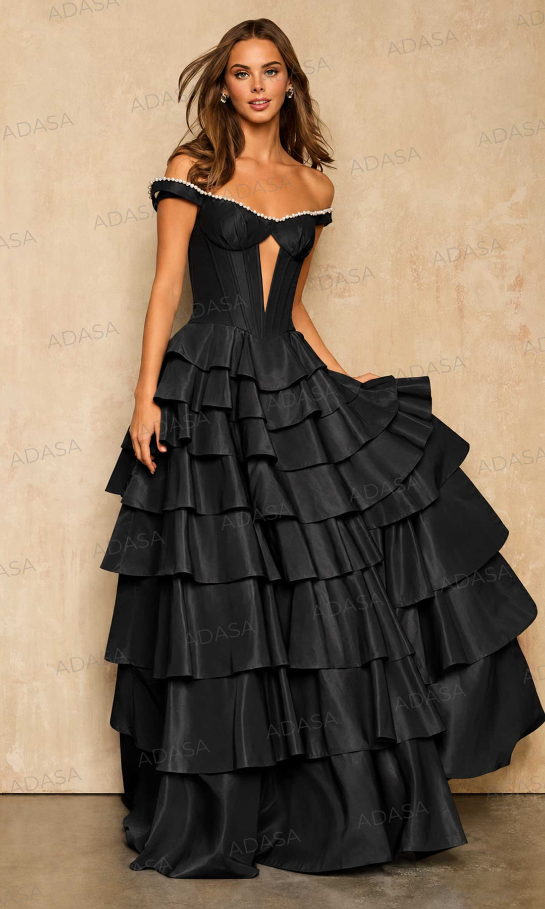 Sherri Hill 58286 Off Shoulder Beaded Trim Ruffle Prom Gown
