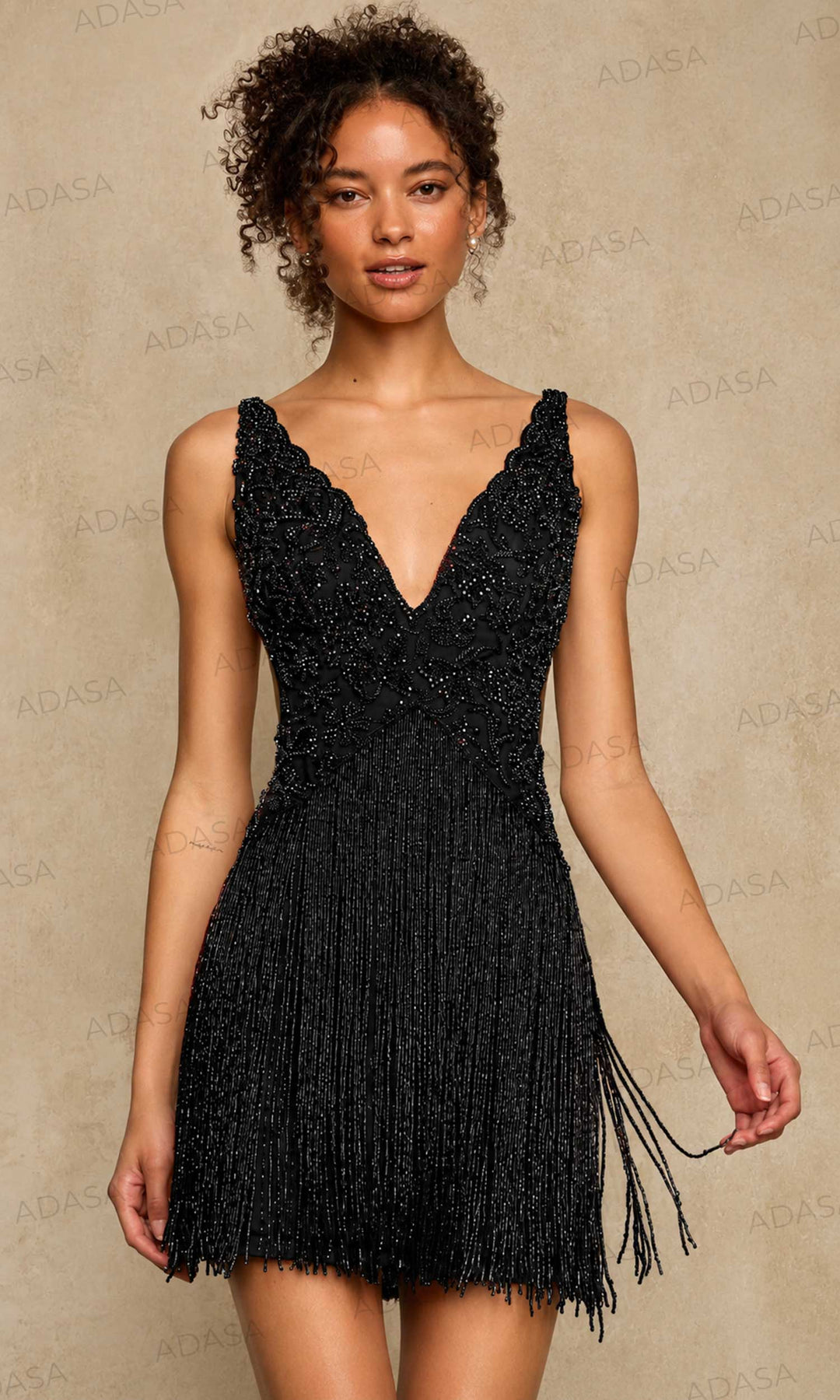 Sherri Hill 67070 - Scalloped V-Neck Beaded Fringe Dress
