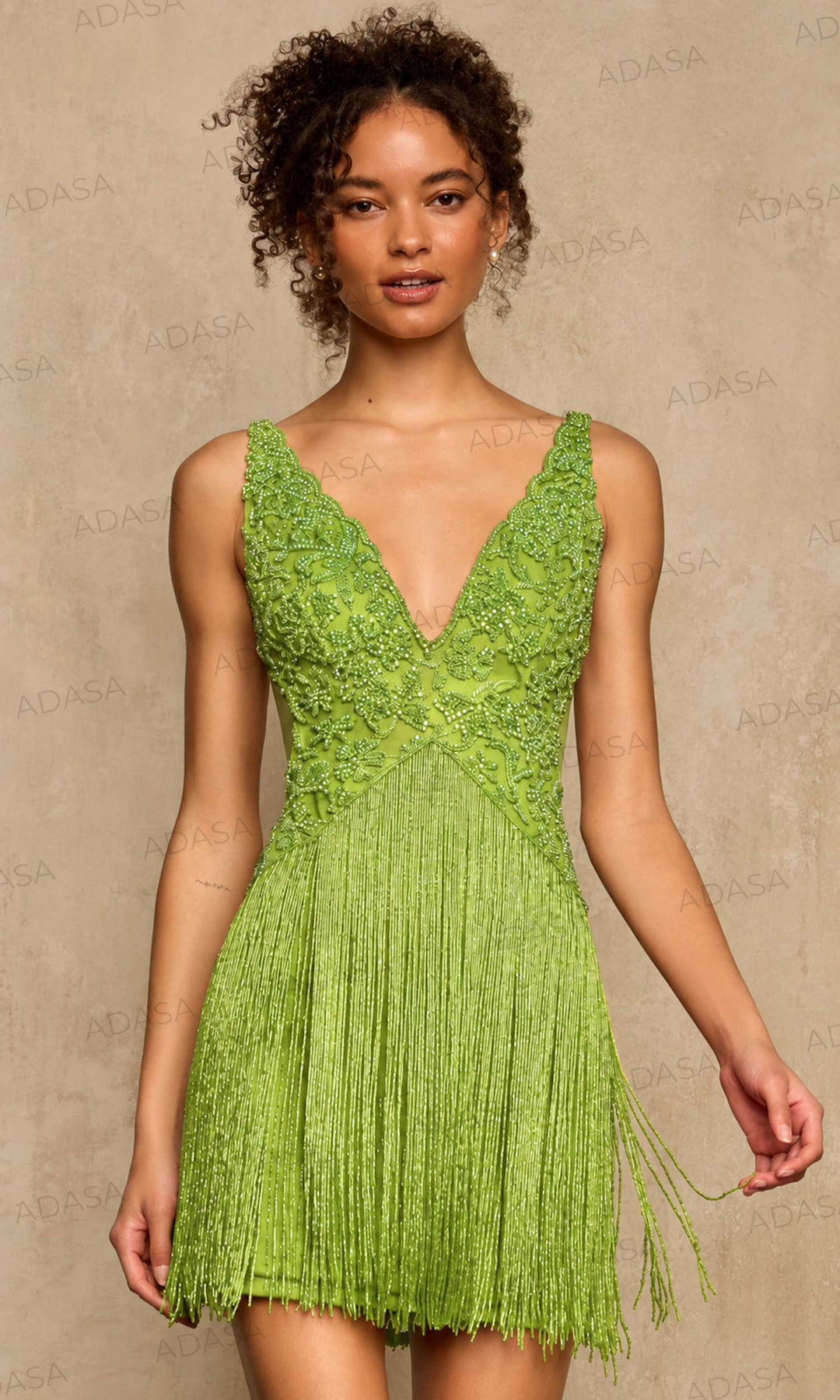 Sherri Hill 67070 - Scalloped V-Neck Beaded Fringe Dress
