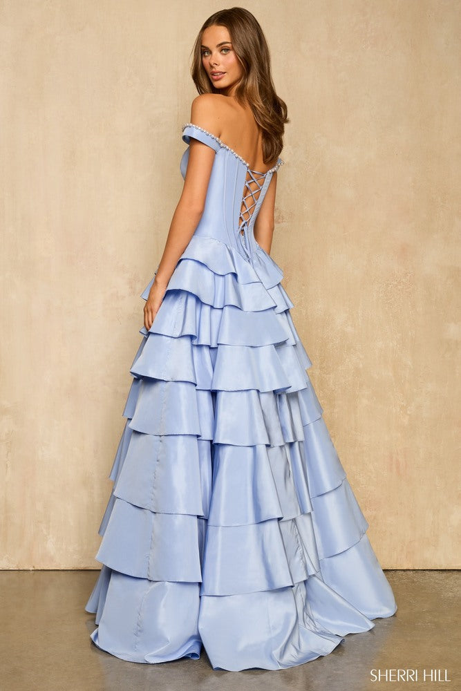 Sherri Hill 58286 Off Shoulder Beaded Trim Ruffle Prom Gown