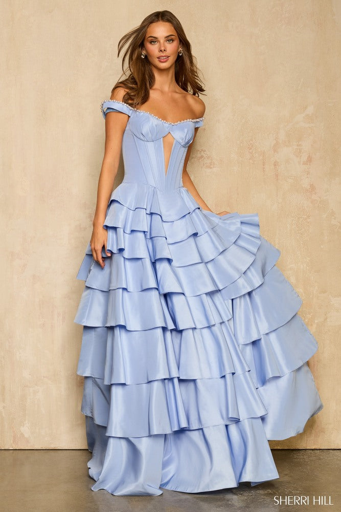 Sherri Hill 58286 Off Shoulder Beaded Trim Ruffle Prom Gown