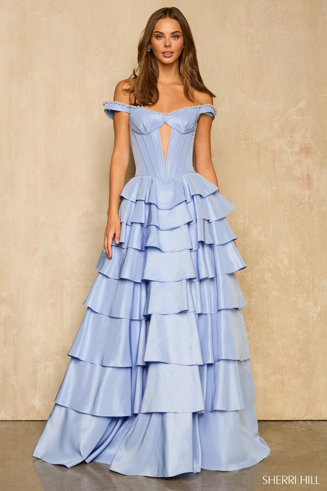 Sherri Hill 58286 Off Shoulder Beaded Trim Ruffle Prom Gown
