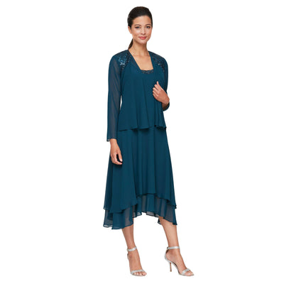 S.L. Fashions - 116184 Bejeweled Scoop Neck Chiffon Dress With Jacket Wedding Guest 10 / Mid Teal